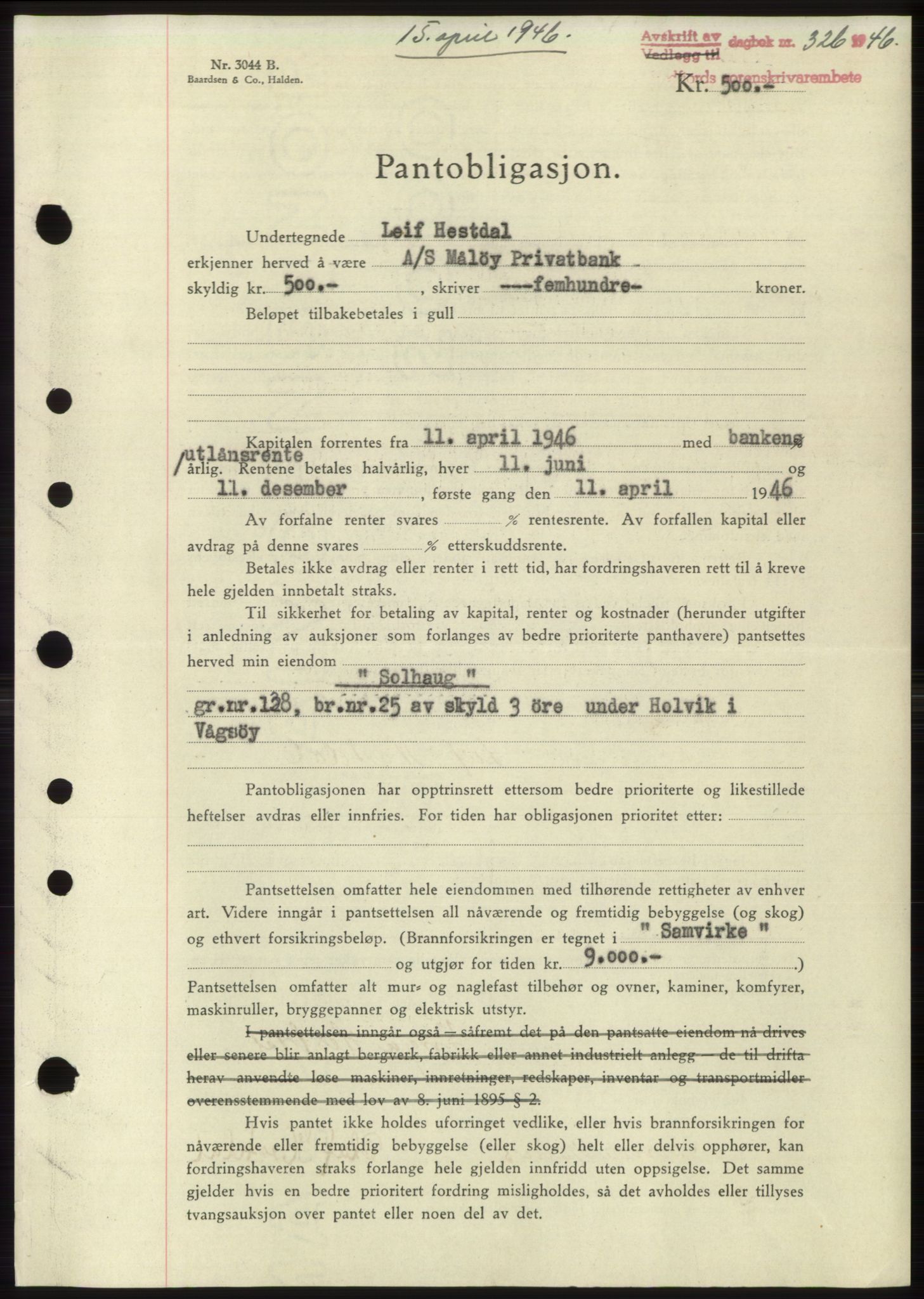 Nordfjord sorenskriveri, SAB/A-2801/02/02b/02bk/L0005: Mortgage book no. B7-8, 1946-1947, Diary no: : 326/1946