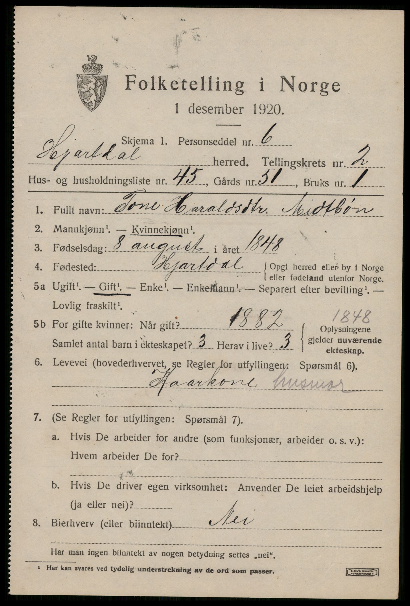 SAKO, 1920 census for Hjartdal, 1920, p. 2294