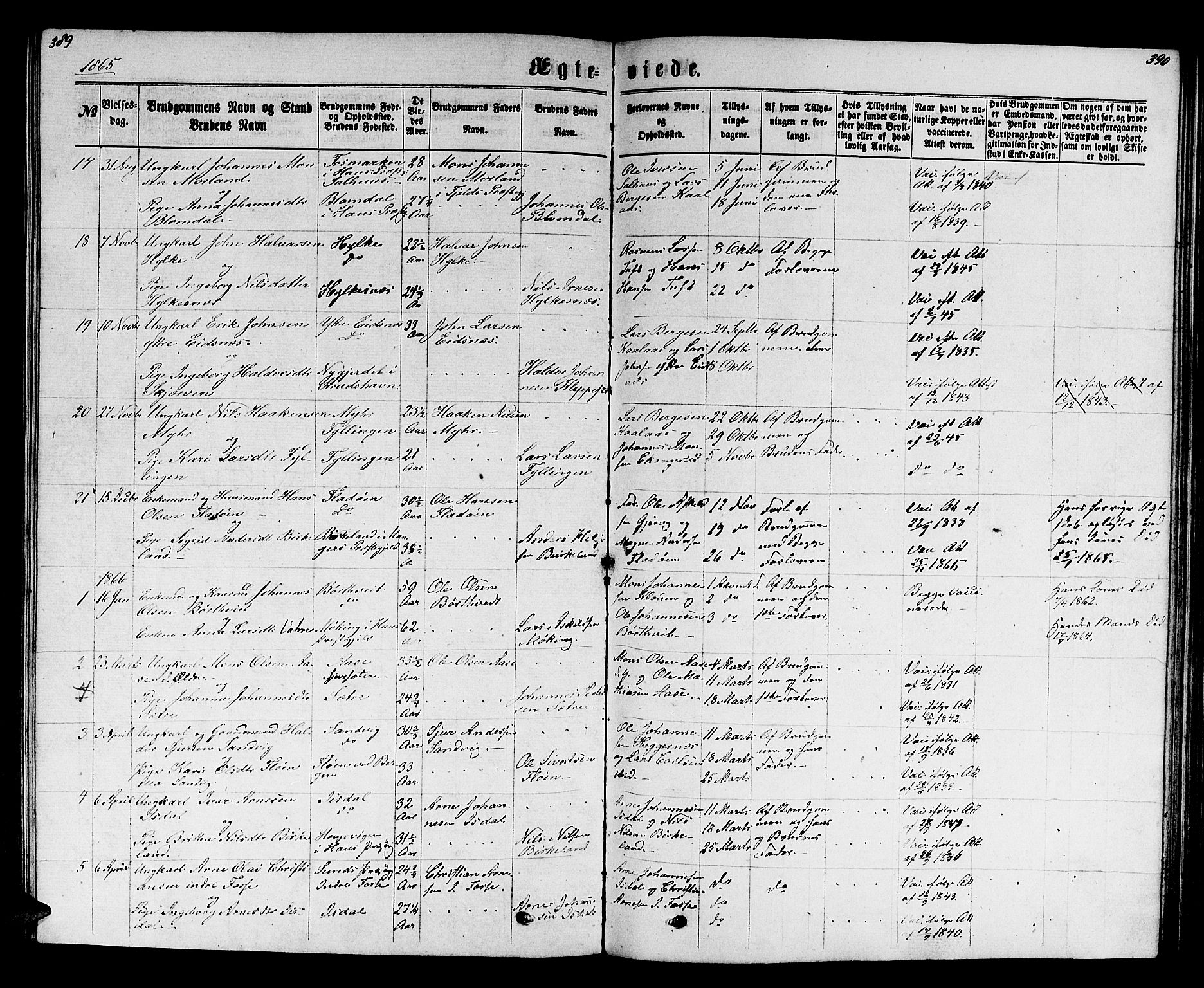 Hamre sokneprestembete, SAB/A-75501/H/Ha/Hab: Parish register (copy) no. B 2, 1863-1880, p. 389-390