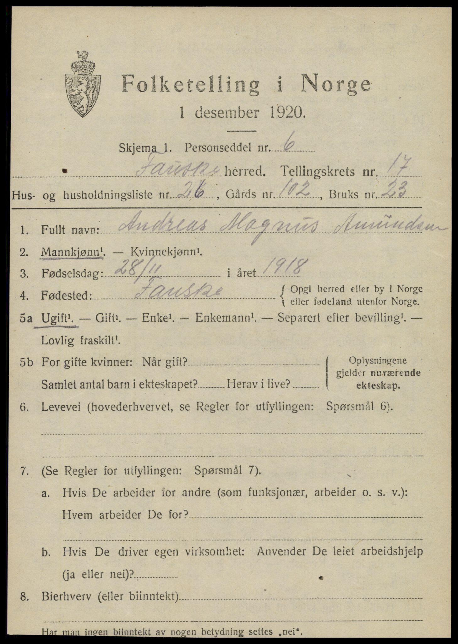 SAT, 1920 census for Fauske, 1920, p. 10812