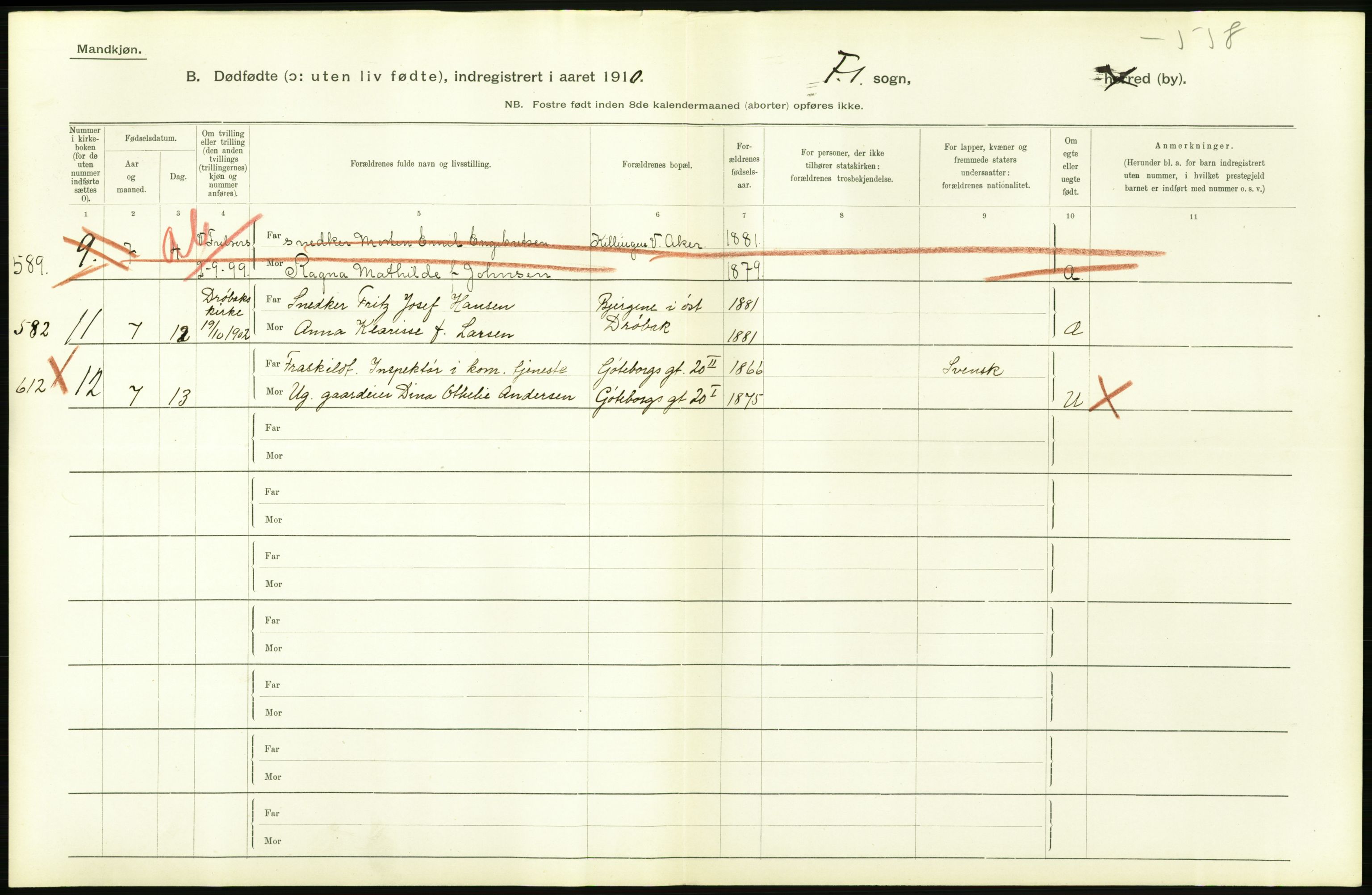 Statistisk sentralbyrå, Sosiodemografiske emner, Befolkning, AV/RA-S-2228/D/Df/Dfa/Dfah/L0009: Kristiania: Gifte og dødfødte., 1910, p. 738