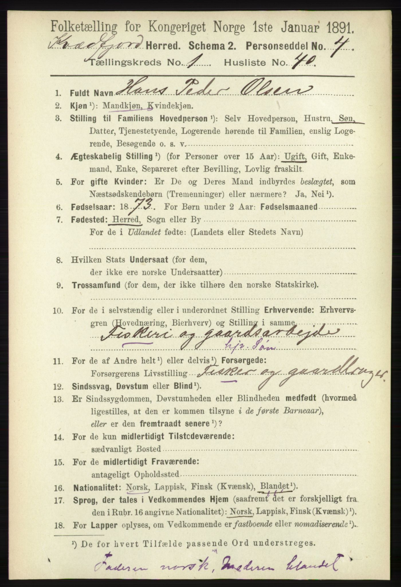 RA, 1891 census for 1911 Kvæfjord, 1891, p. 349