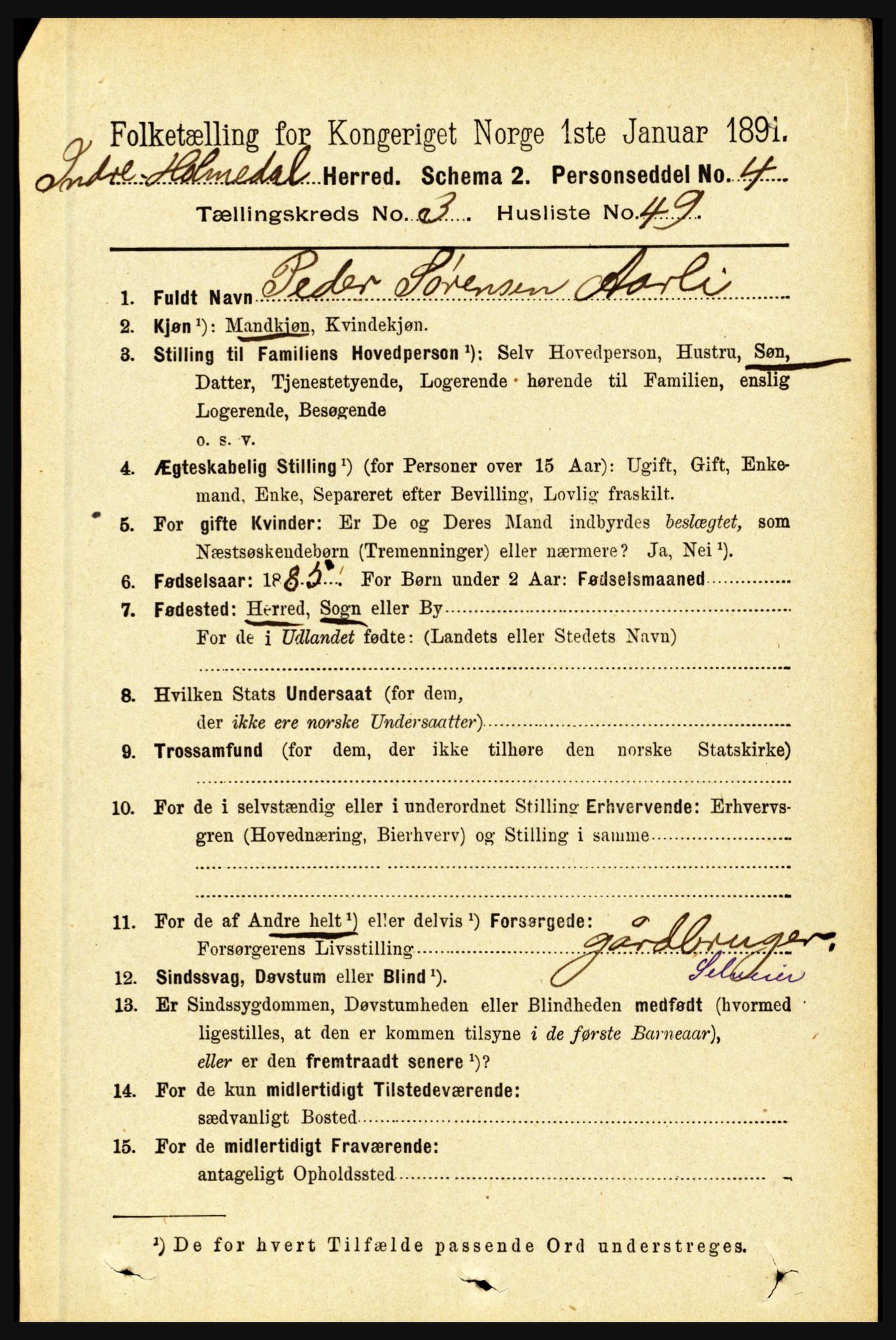 RA, 1891 census for 1430 Indre Holmedal, 1891, p. 1253