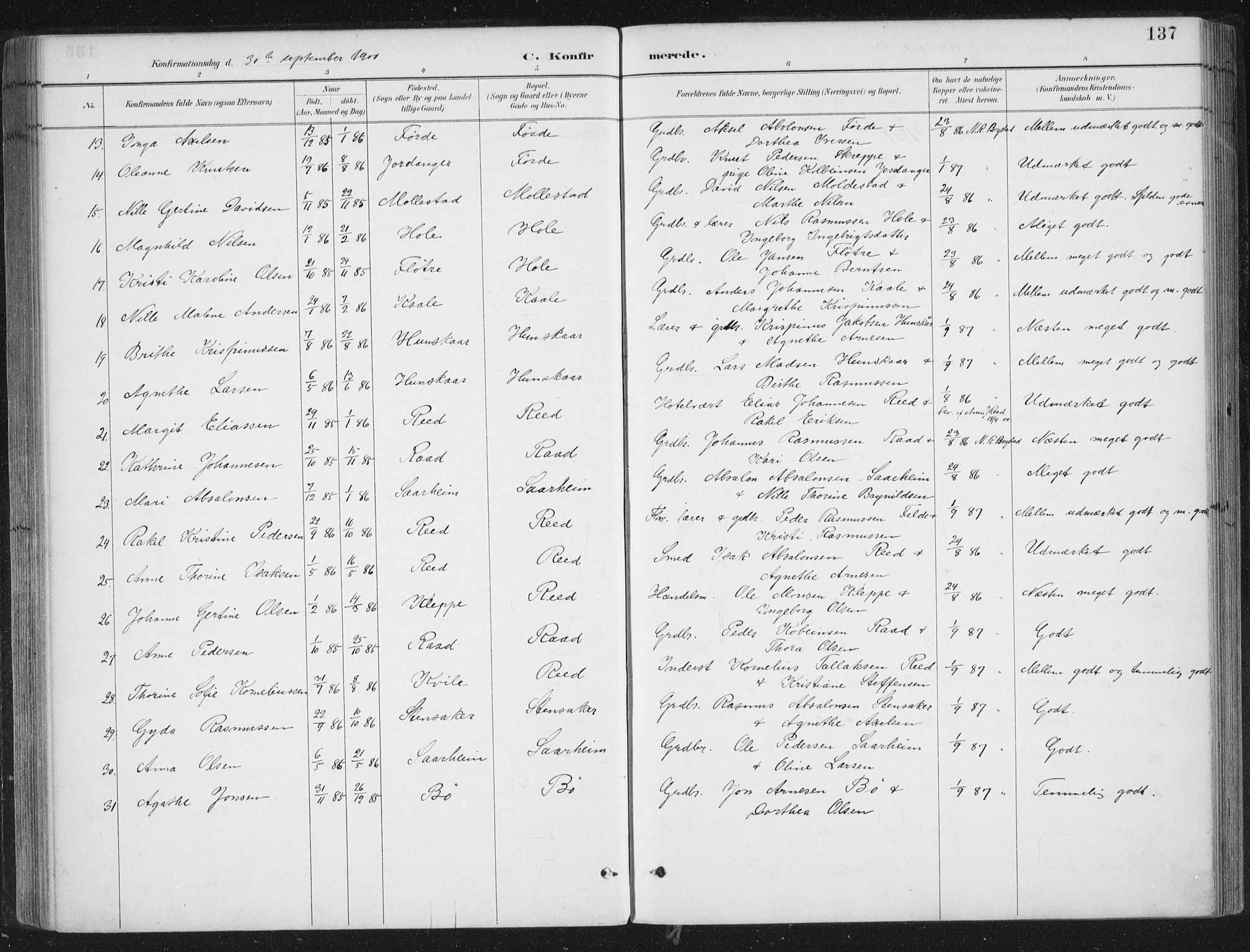 Gloppen sokneprestembete, AV/SAB-A-80101/H/Haa/Haac/L0002: Parish register (official) no. C  2, 1887-1904, p. 137