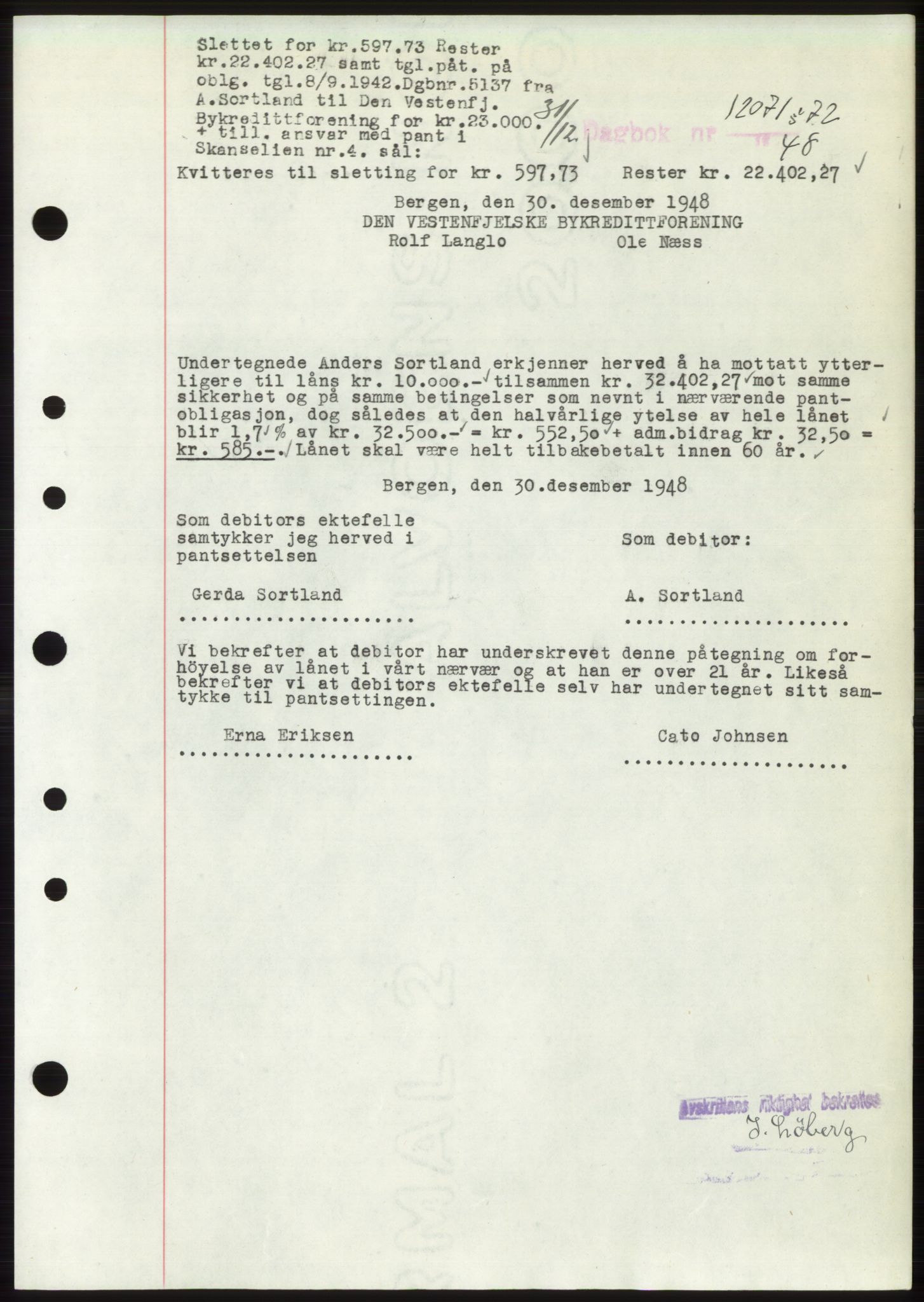 Byfogd og Byskriver i Bergen, AV/SAB-A-3401/03/03Bd/L0003: Mortgage book no. B29-39, 1947-1950, Diary no: : 12071/1948