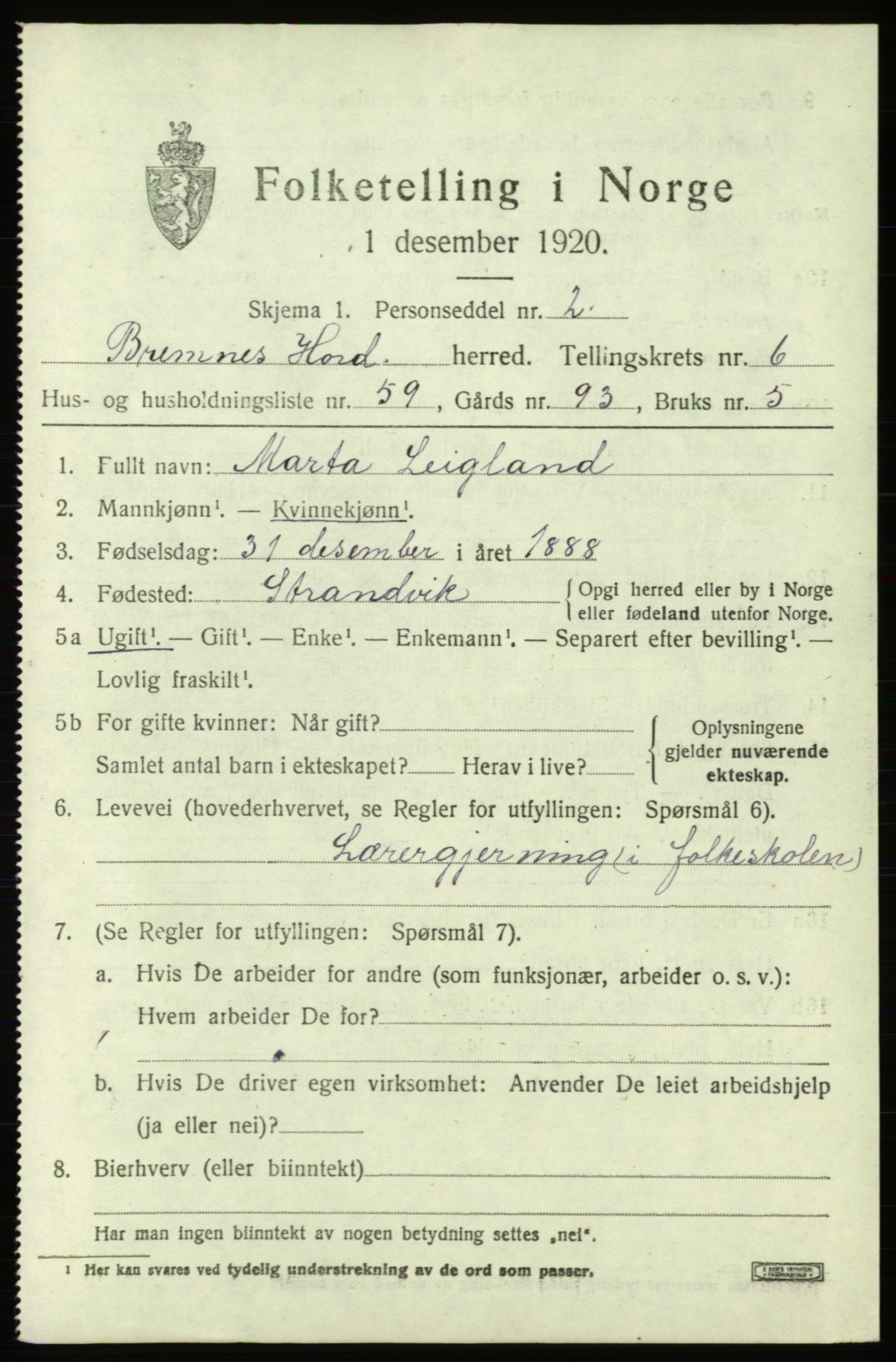 SAB, 1920 census for Bremnes, 1920, p. 4006