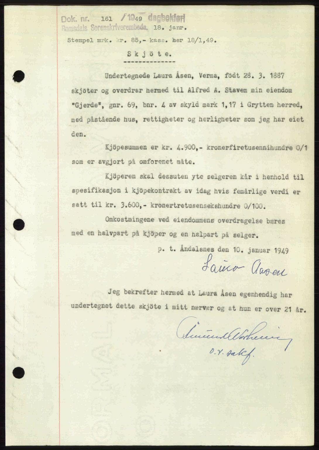 Romsdal sorenskriveri, AV/SAT-A-4149/1/2/2C: Mortgage book no. A28, 1948-1949, Diary no: : 161/1949