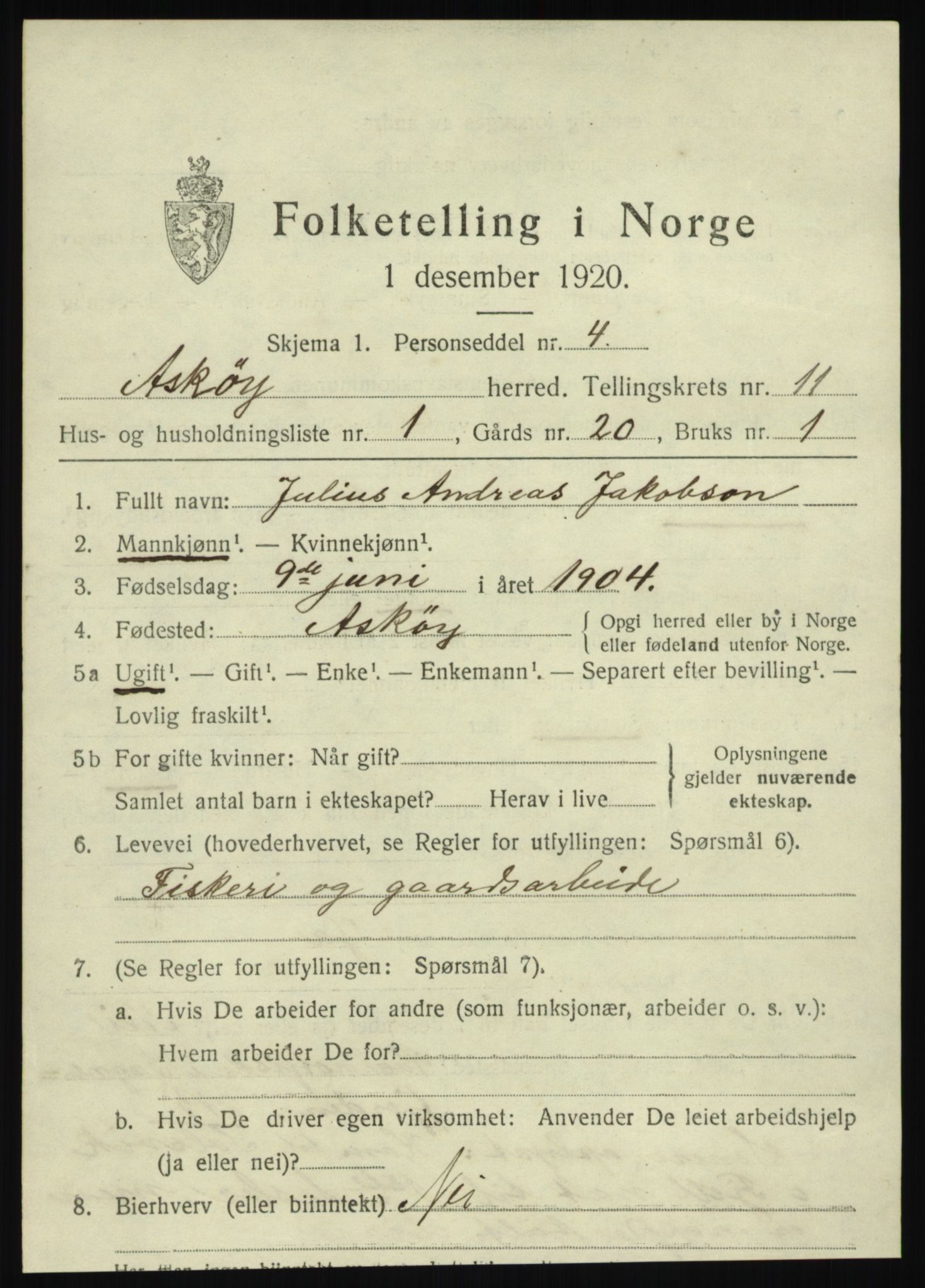 SAB, 1920 census for Askøy, 1920, p. 13190