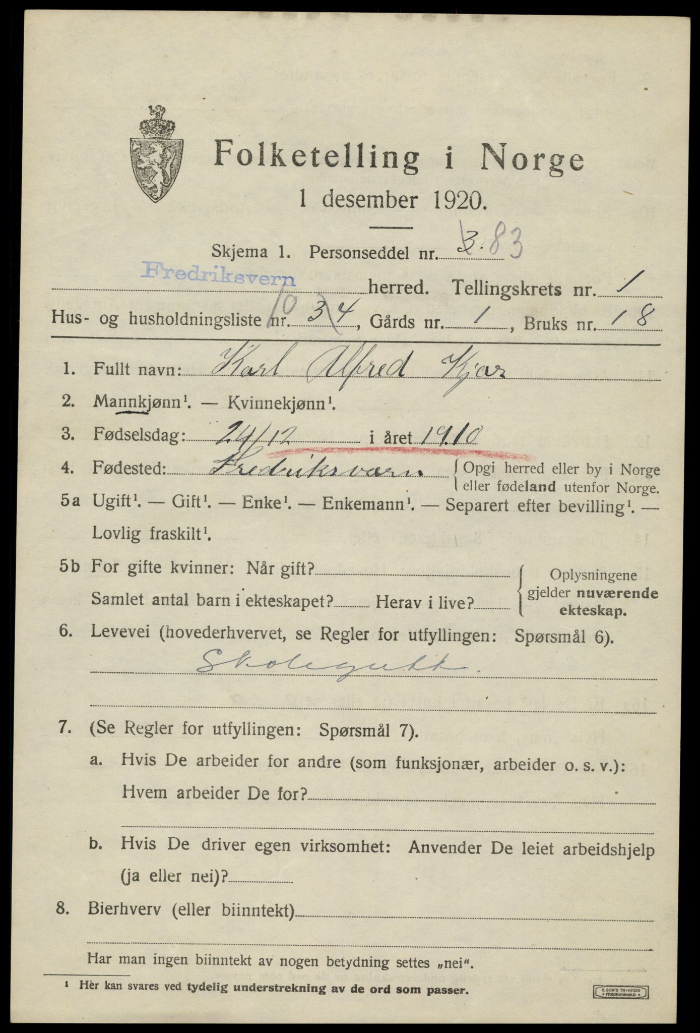 SAKO, 1920 census for Fredriksvern, 1920, p. 615