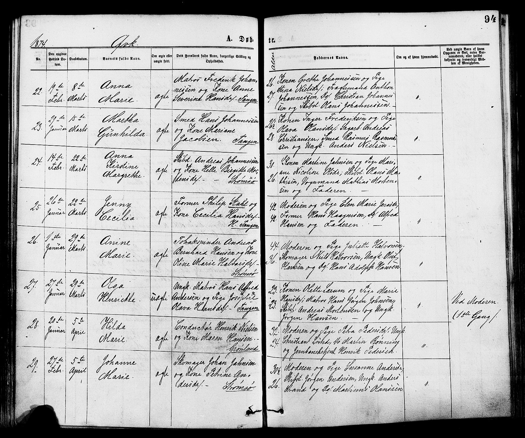 Strømsø kirkebøker, AV/SAKO-A-246/F/Fa/L0019: Parish register (official) no. I 19, 1874-1877, p. 94