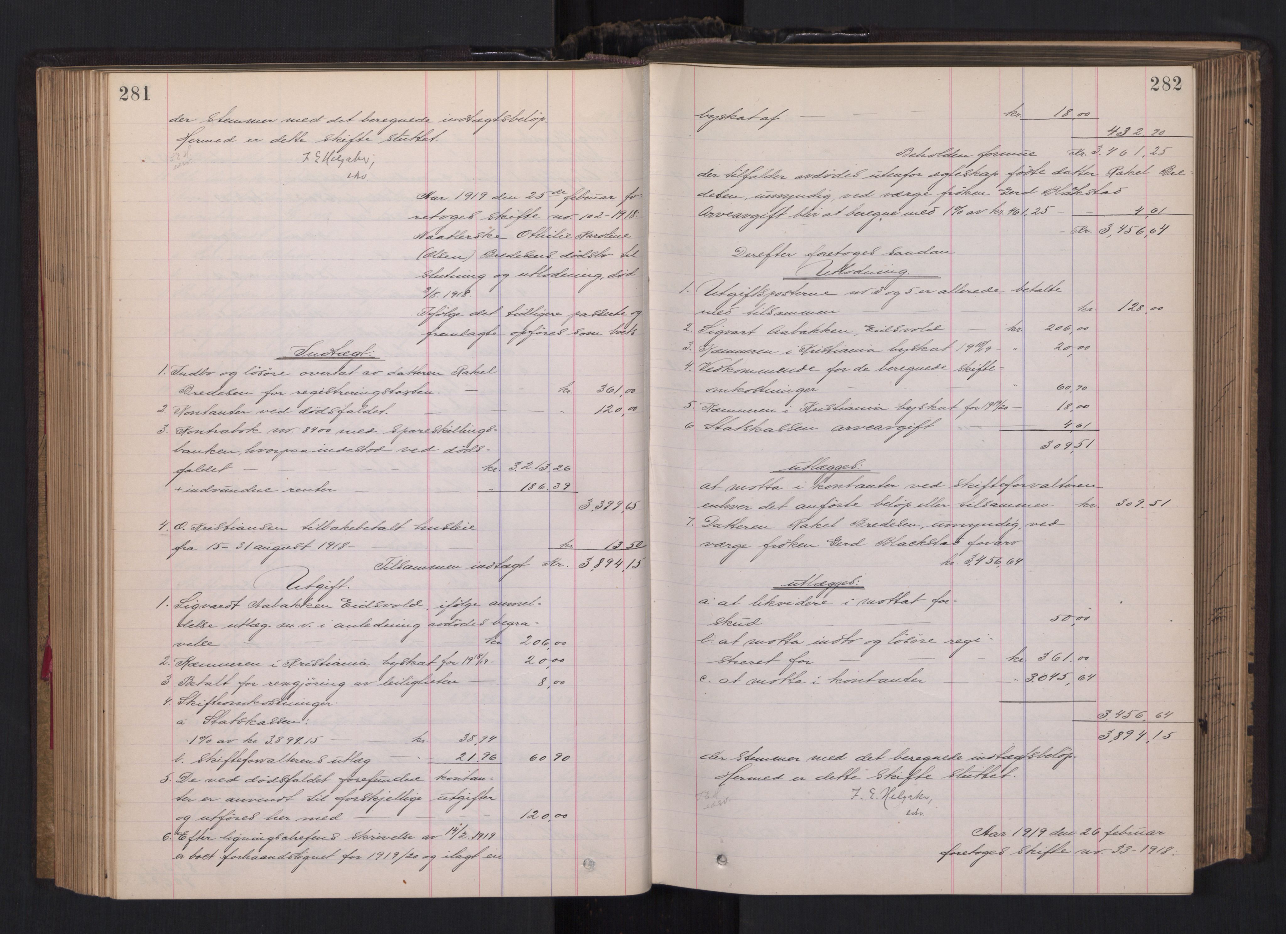 Oslo skifterett, AV/SAO-A-10383/H/Hd/Hdb/L0013: Skifteutlodningsprotokoll, 1918-1920, p. 281-282