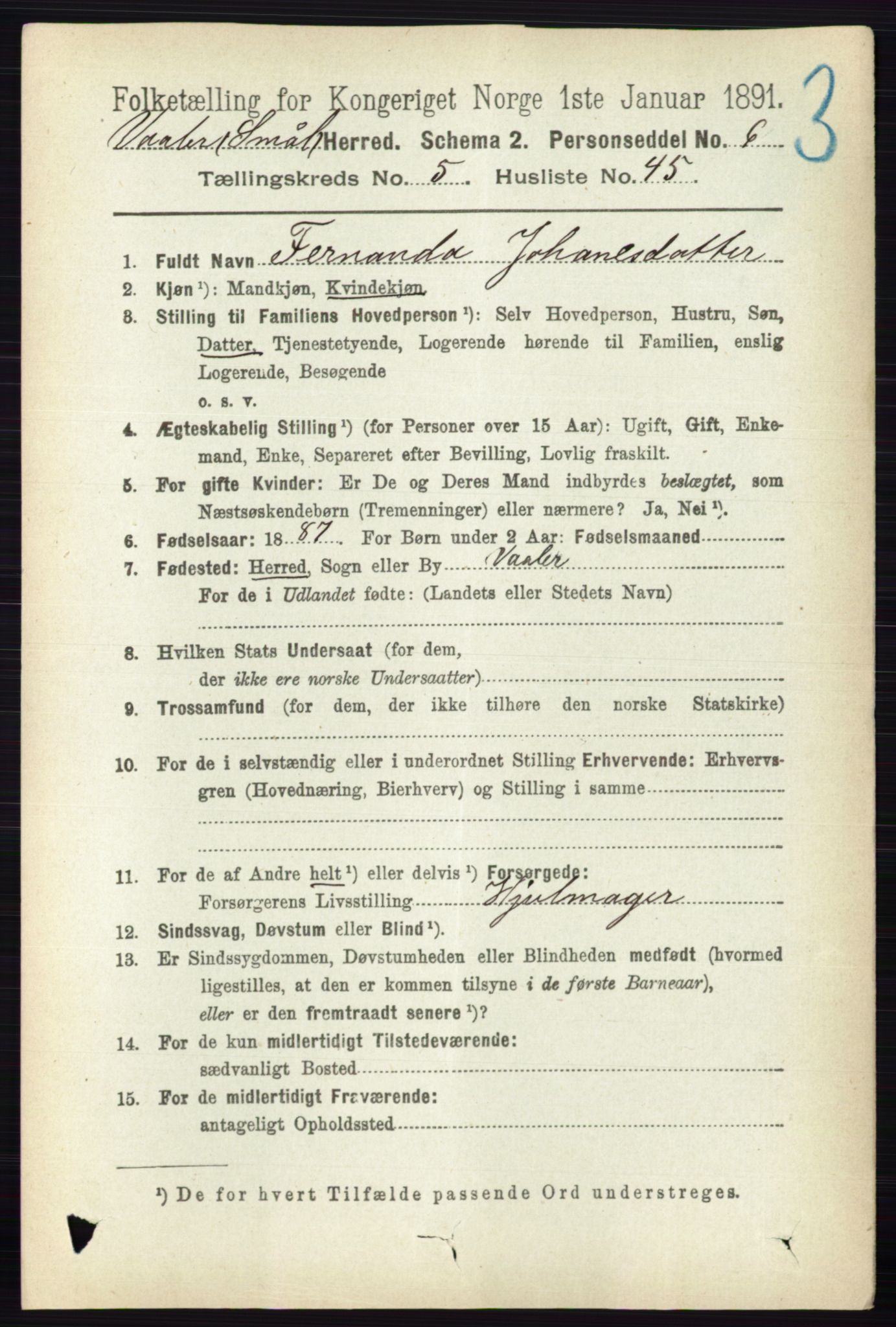 RA, 1891 census for 0137 Våler, 1891, p. 2251