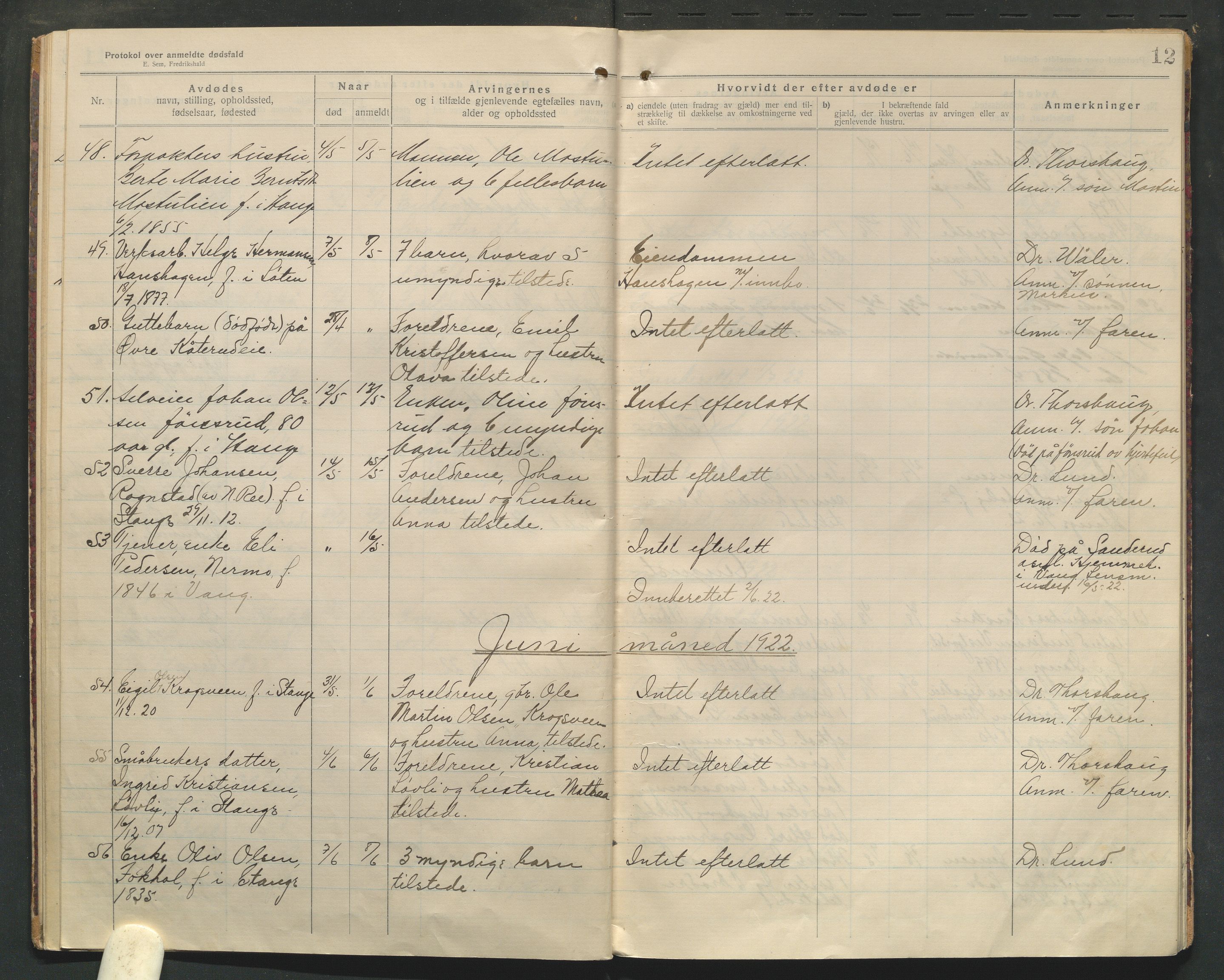 Stange lensmannskontor, AV/SAH-LHS-020/H/Ha/Haa/L0001/0004: Dødsfallsprotokoller / Dødsfallsprotokoll, 1921-1925, p. 12