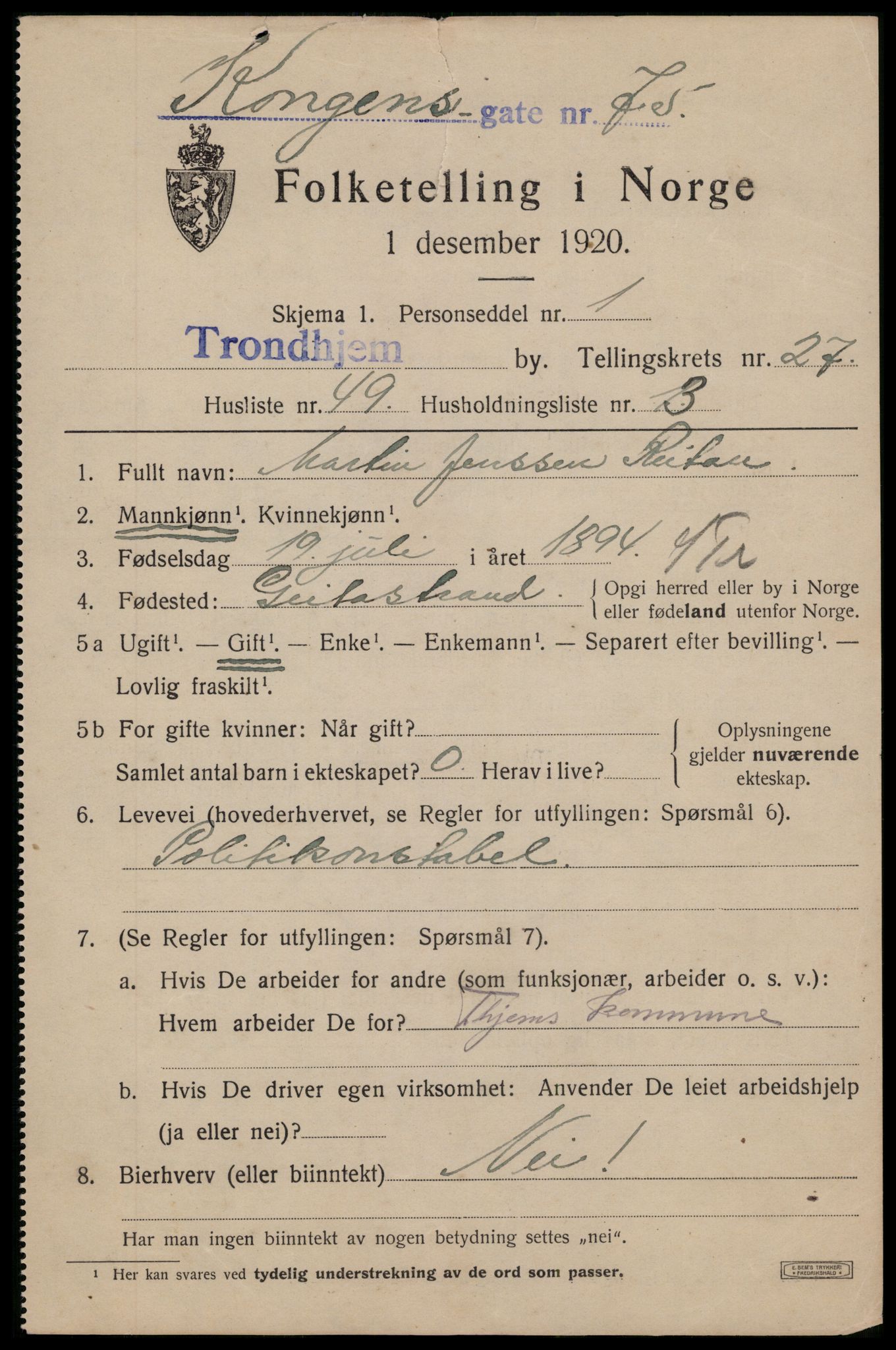 SAT, 1920 census for Trondheim, 1920, p. 70968