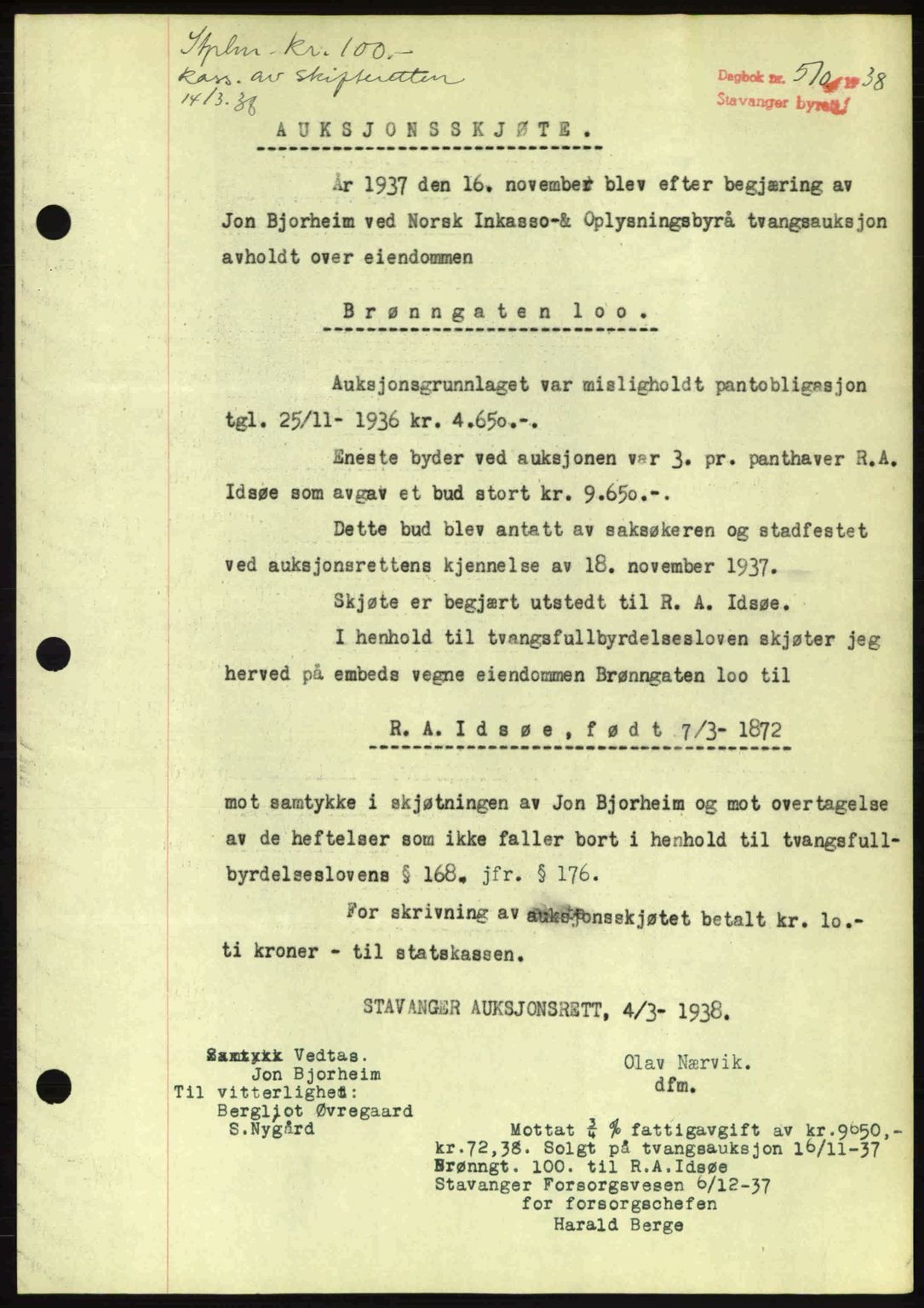 Stavanger byrett, AV/SAST-A-100455/002/G/Gb/L0013: Mortgage book no. A3, 1937-1938, Diary no: : 510/1938