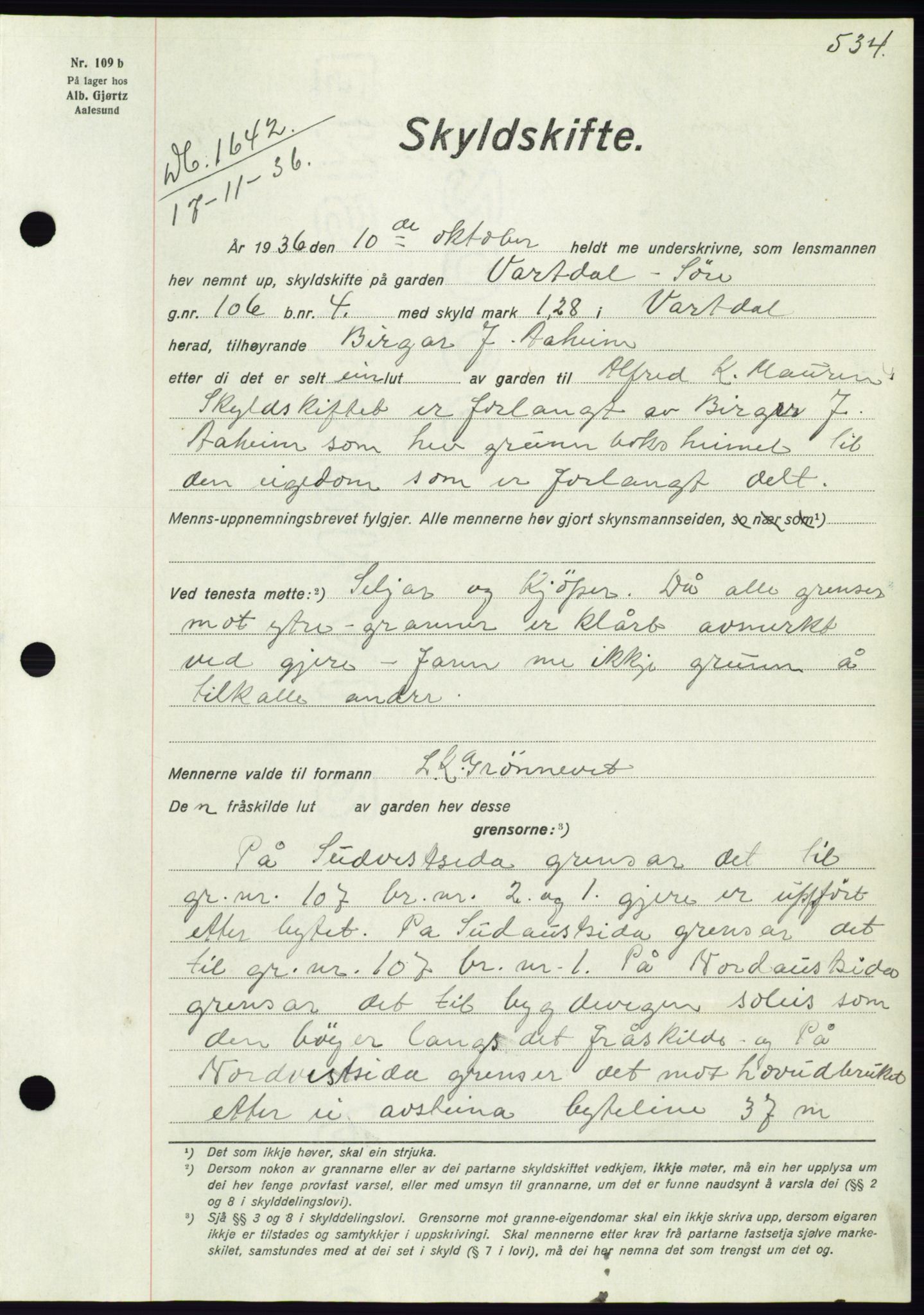 Søre Sunnmøre sorenskriveri, AV/SAT-A-4122/1/2/2C/L0061: Mortgage book no. 55, 1936-1936, Diary no: : 1642/1936