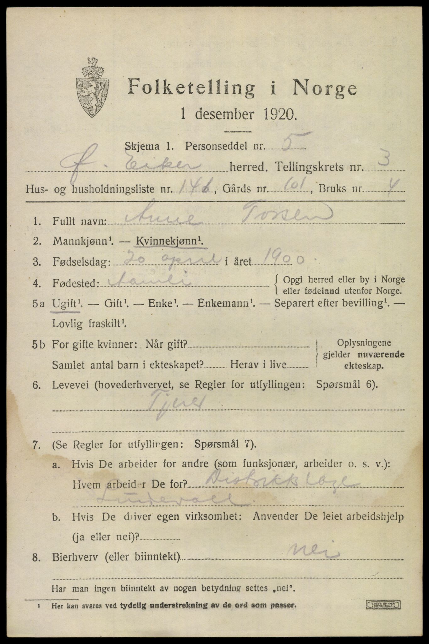 SAKO, 1920 census for Øvre Eiker, 1920, p. 9576