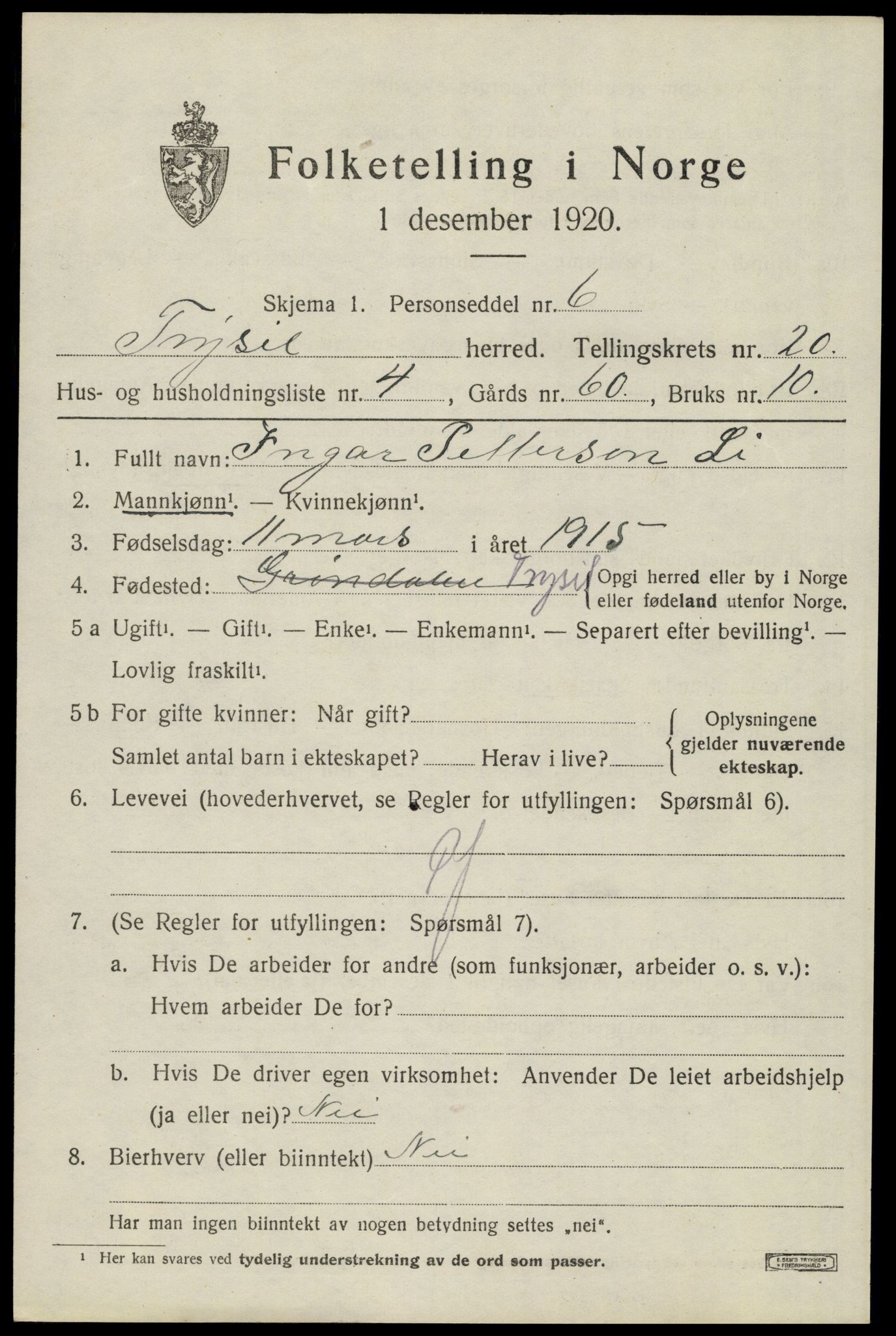SAH, 1920 census for Trysil, 1920, p. 13051
