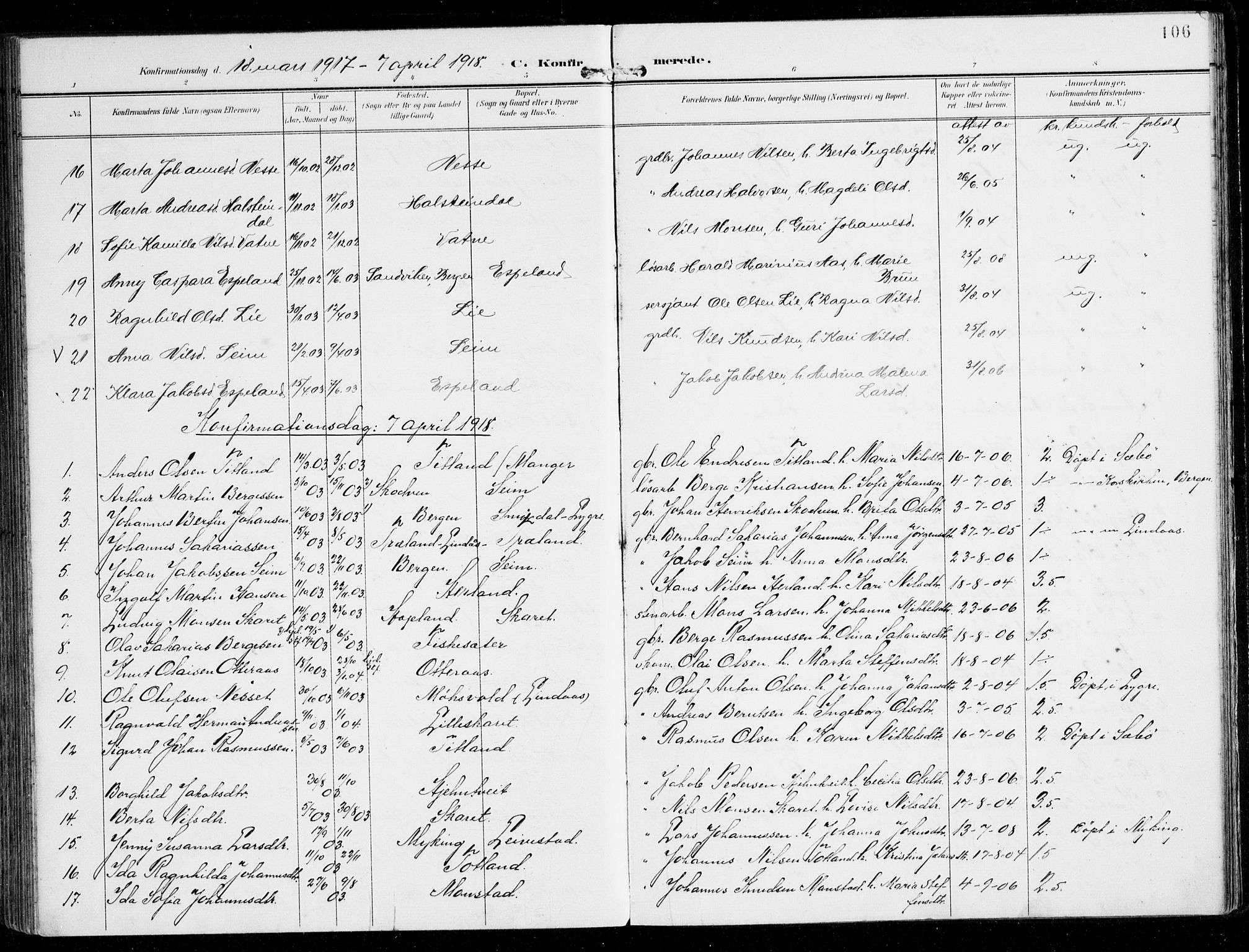 Alversund Sokneprestembete, SAB/A-73901/H/Ha/Haa/Haad/L0004: Parish register (official) no. D 4, 1898-1926, p. 106