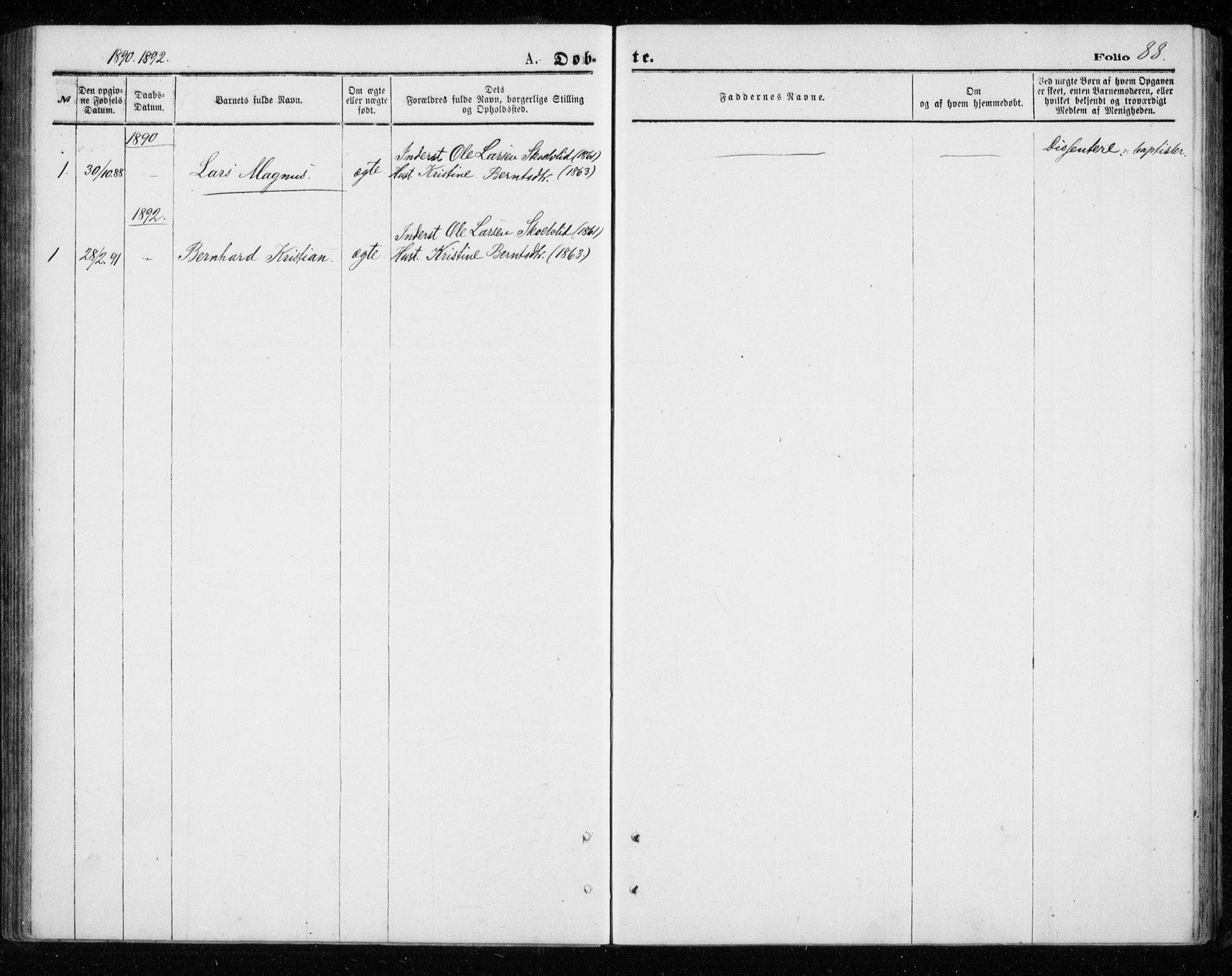 Målselv sokneprestembete, SATØ/S-1311/G/Ga/Gab/L0007klokker: Parish register (copy) no. 7, 1876-1895, p. 88