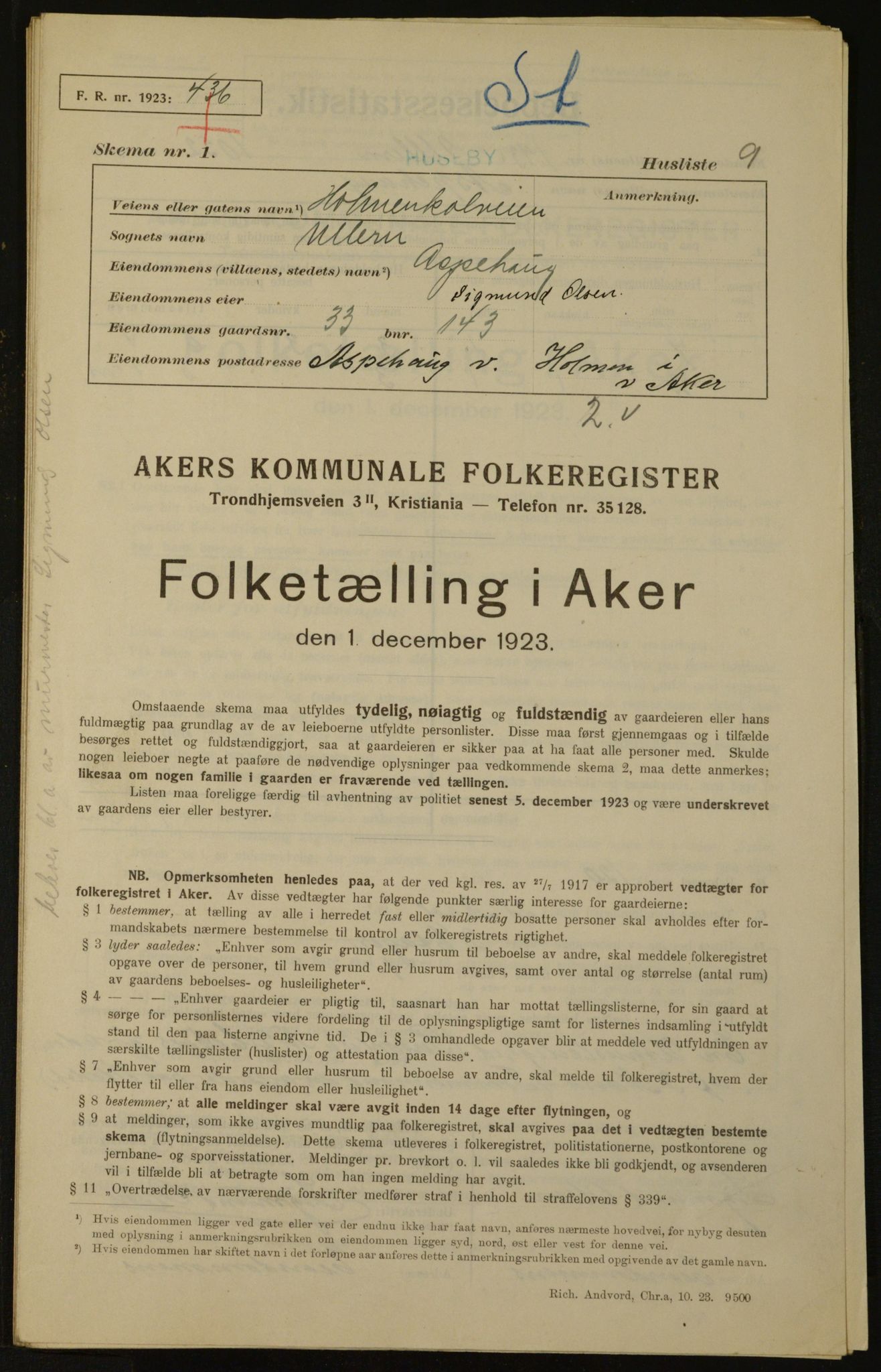 , Municipal Census 1923 for Aker, 1923, p. 2699