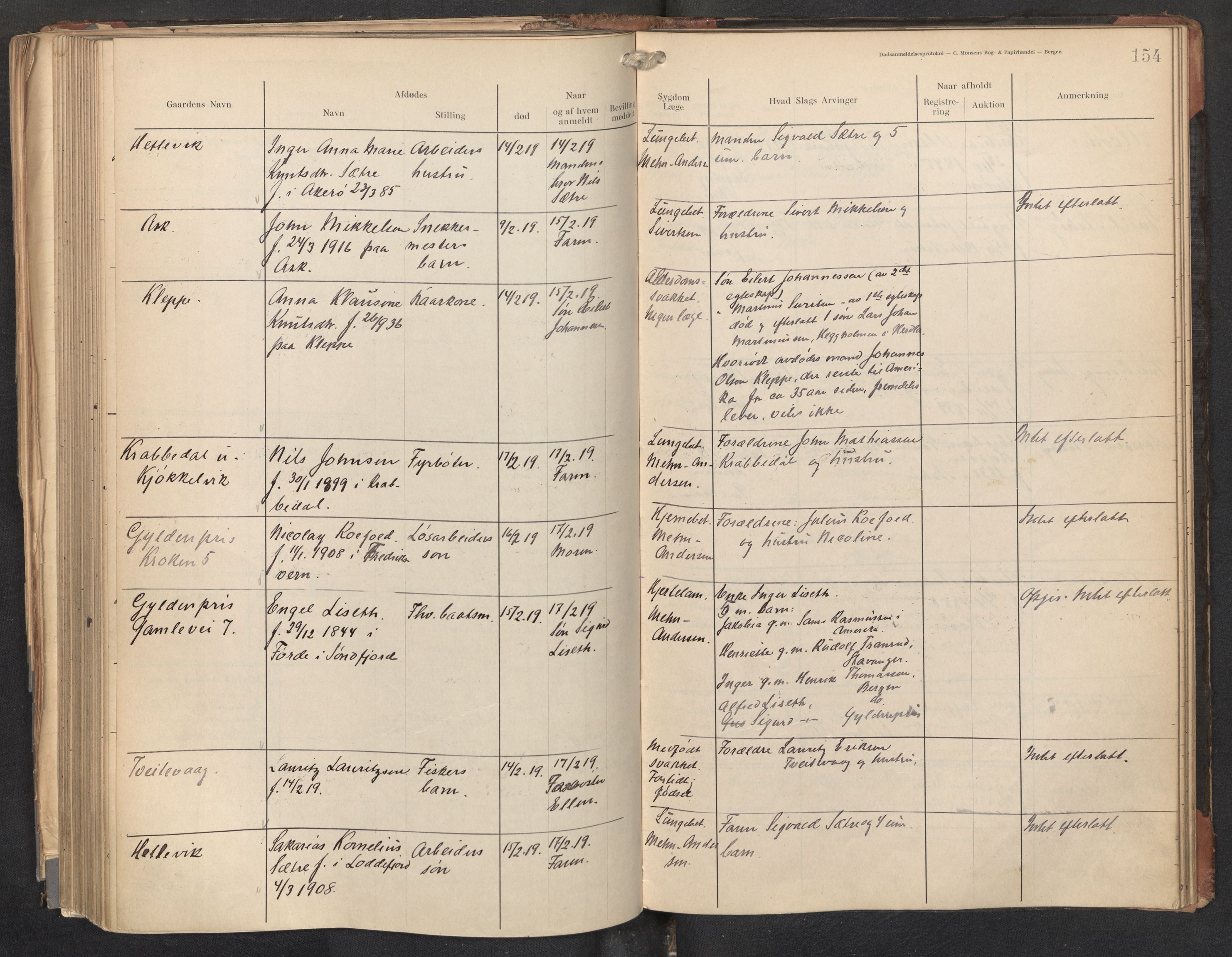 Lensmannen i Askøy, AV/SAB-A-31001/0006/L0001: Dødsfallprotokoll med register , 1907-1921, p. 154