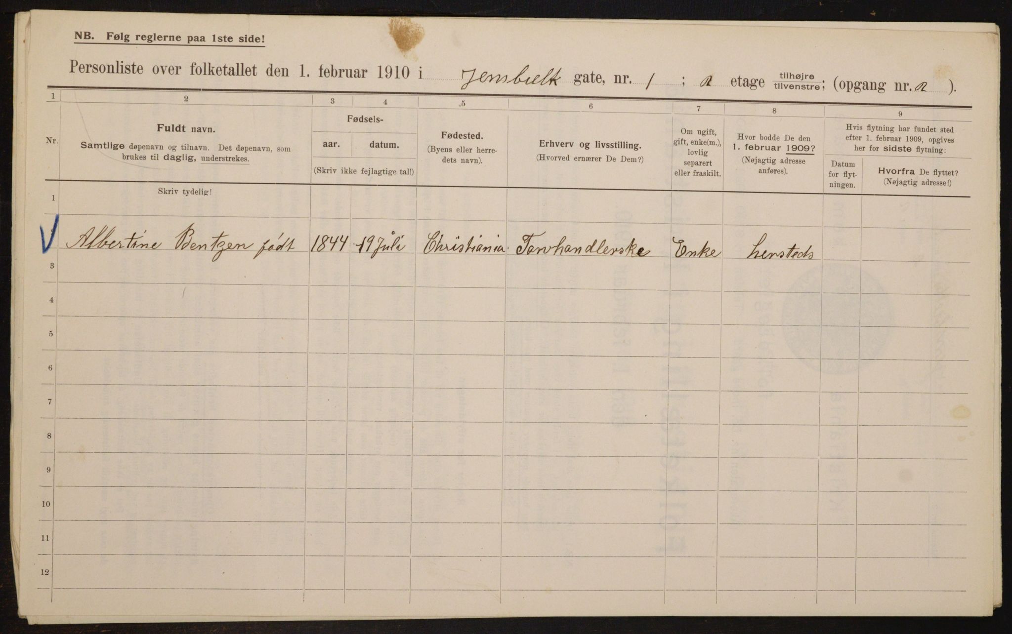 OBA, Municipal Census 1910 for Kristiania, 1910, p. 44147