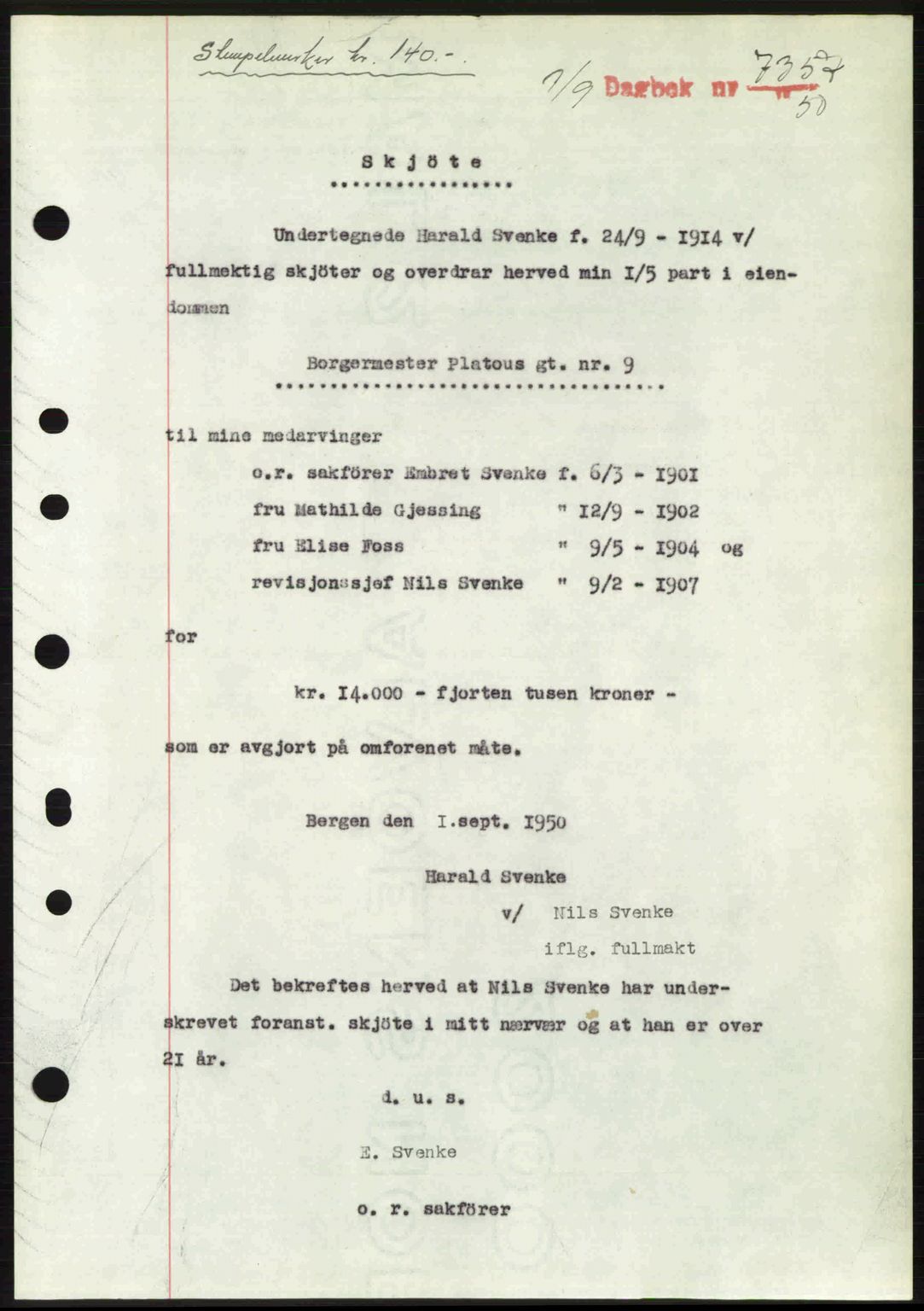 Byfogd og Byskriver i Bergen, AV/SAB-A-3401/03/03Bc/L0033: Mortgage book no. A26-27, 1950-1950, Diary no: : 7354/1950