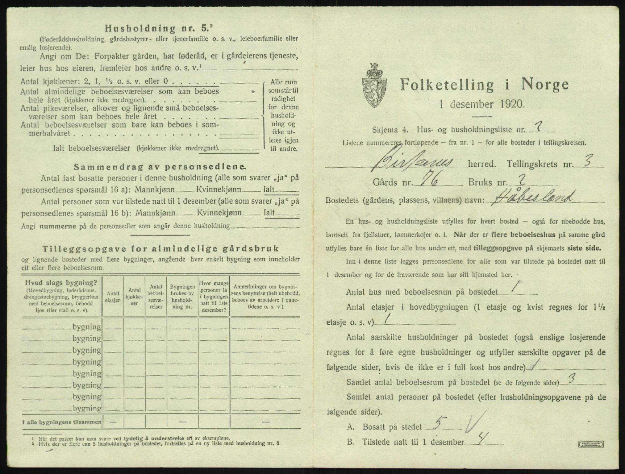 SAK, 1920 census for Birkenes, 1920, p. 157