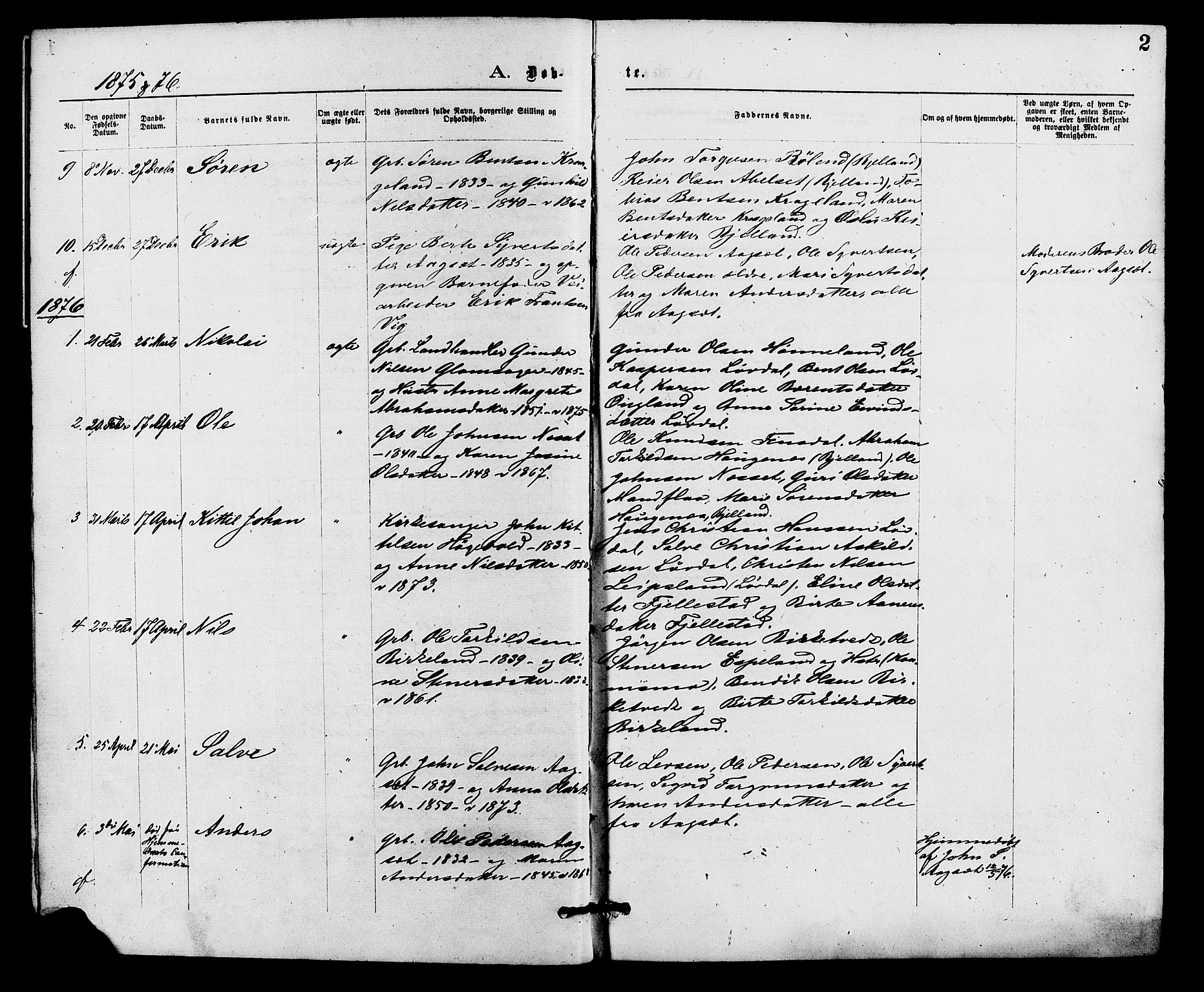 Holum sokneprestkontor, AV/SAK-1111-0022/F/Fa/Fab/L0006: Parish register (official) no. A 6, 1875-1886, p. 2