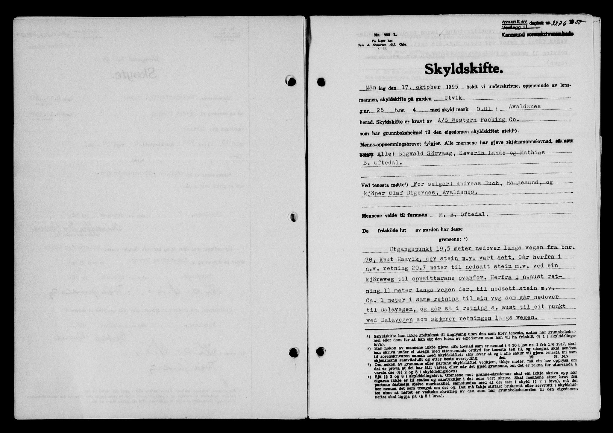 Karmsund sorenskriveri, SAST/A-100311/01/II/IIB/L0117: Mortgage book no. 97Aa, 1955-1955, Diary no: : 3276/1955