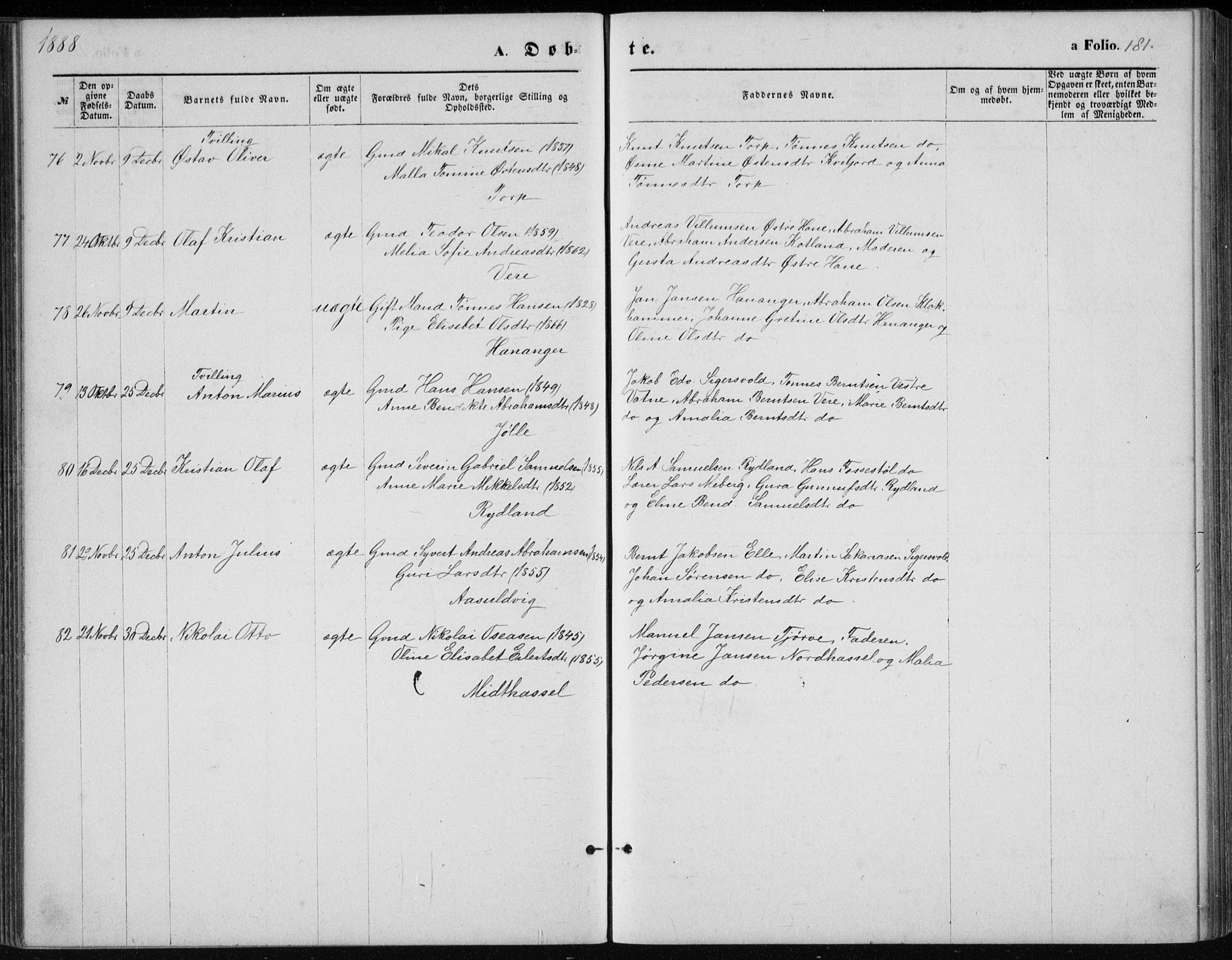 Lista sokneprestkontor, AV/SAK-1111-0027/F/Fb/L0004: Parish register (copy) no. B 4, 1877-1891, p. 181