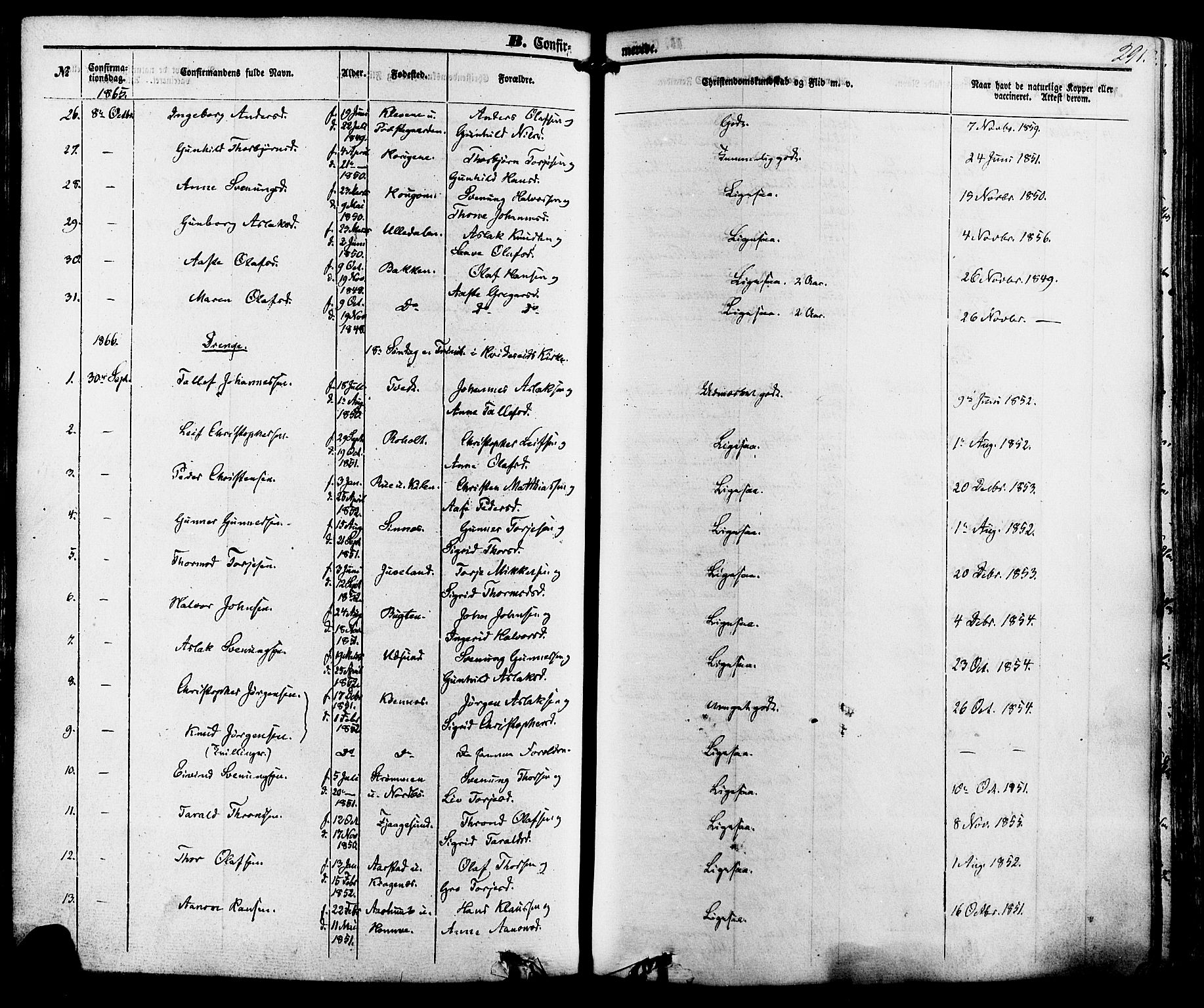 Kviteseid kirkebøker, SAKO/A-276/F/Fa/L0007: Parish register (official) no. I 7, 1859-1881, p. 291