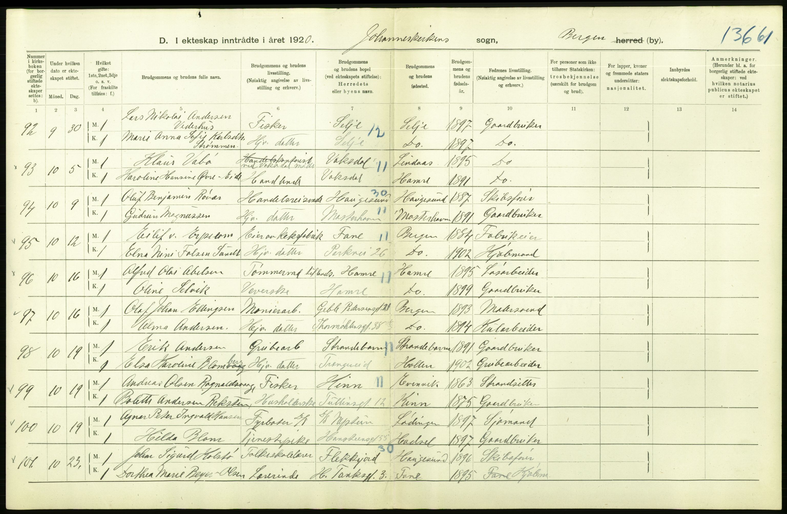 Statistisk sentralbyrå, Sosiodemografiske emner, Befolkning, AV/RA-S-2228/D/Df/Dfb/Dfbj/L0042: Bergen: Gifte, døde, dødfødte., 1920, p. 162