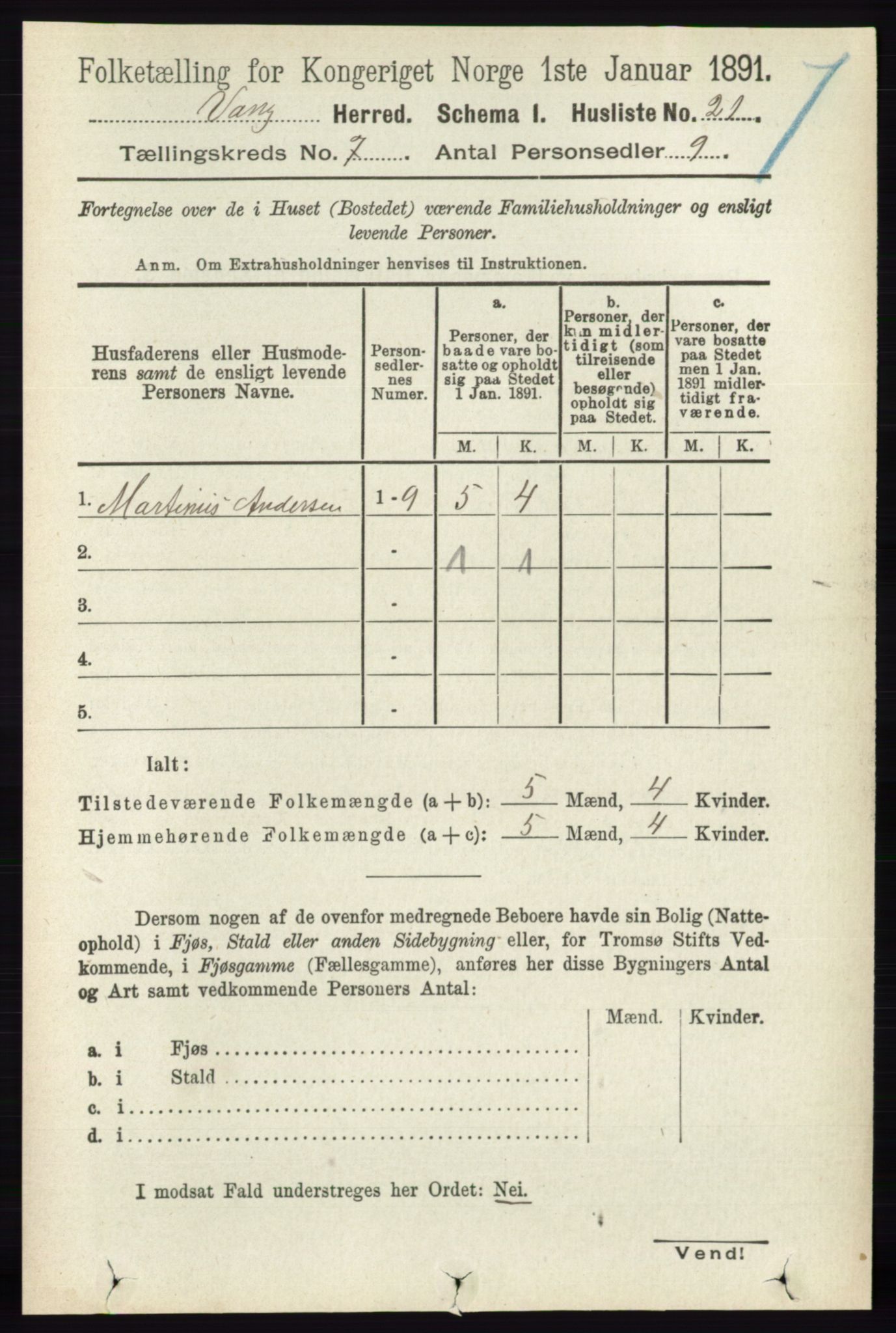 RA, 1891 census for 0414 Vang, 1891, p. 4941