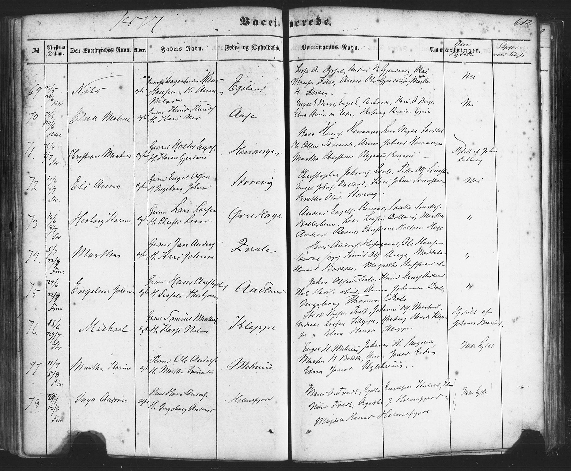 Fusa sokneprestembete, AV/SAB-A-75401/H/Haa: Parish register (official) no. A 1II, 1855-1879, p. 612