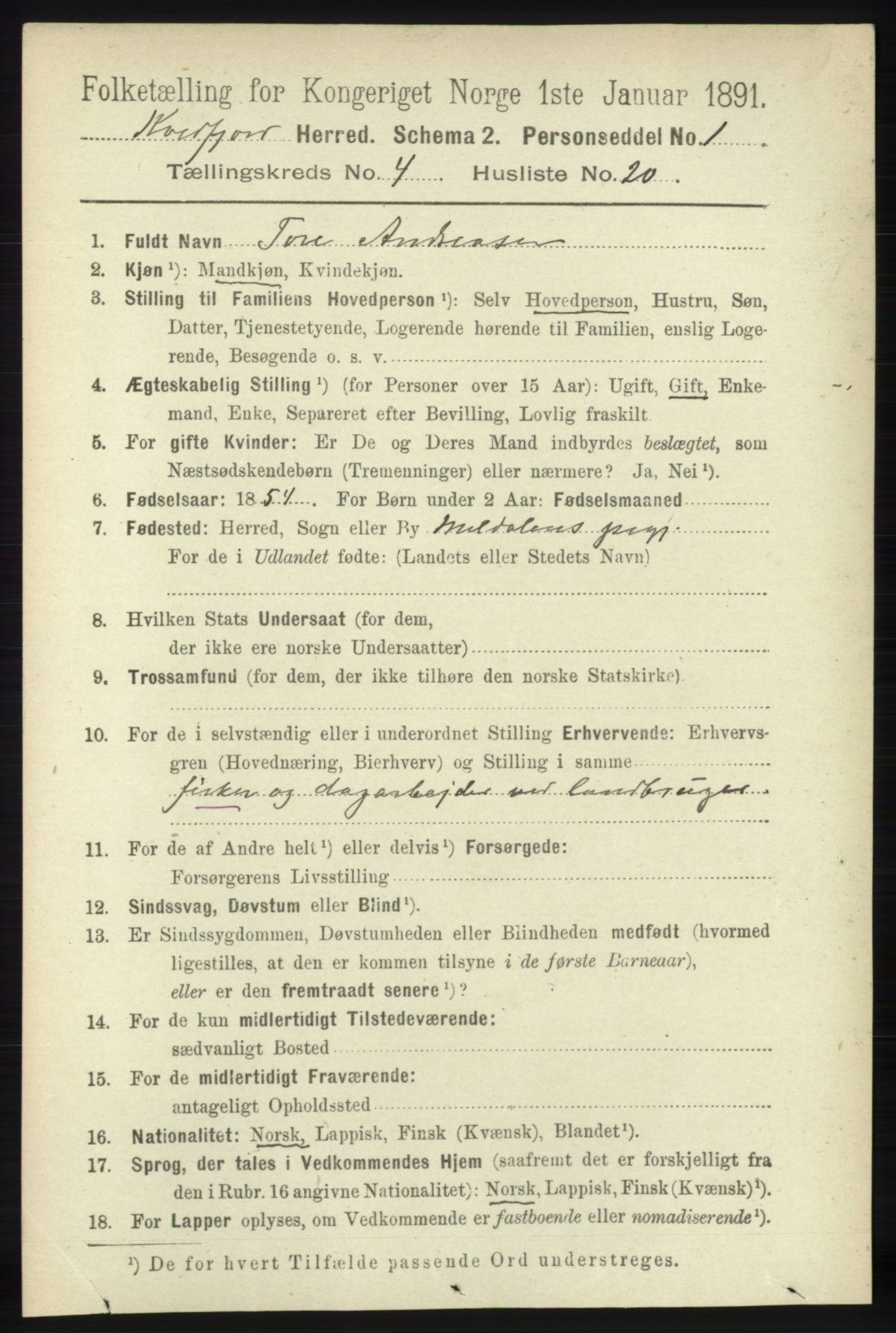 RA, 1891 census for 1911 Kvæfjord, 1891, p. 2006