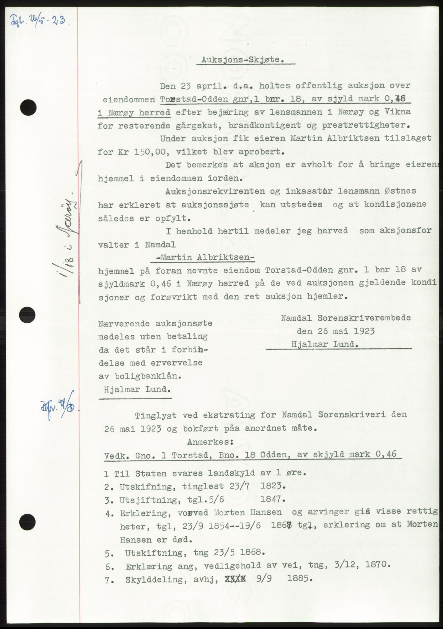 Namdal sorenskriveri, AV/SAT-A-4133/1/2/2C: Mortgage book no. -, 1922-1925, Deed date: 26.05.1923