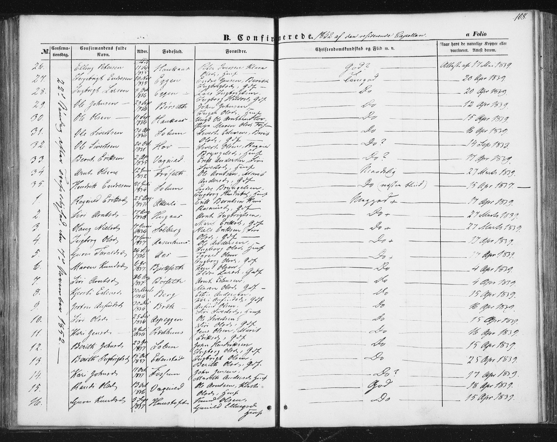 Ministerialprotokoller, klokkerbøker og fødselsregistre - Sør-Trøndelag, SAT/A-1456/689/L1038: Parish register (official) no. 689A03, 1848-1872, p. 108