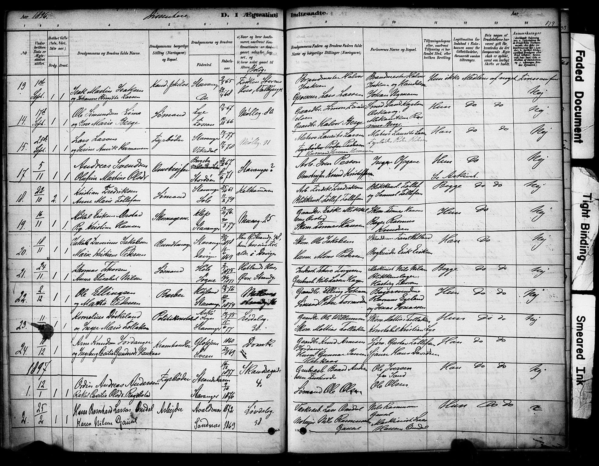 Domkirken sokneprestkontor, SAST/A-101812/001/30/30BA/L0029: Parish register (official) no. A 28, 1878-1904, p. 179