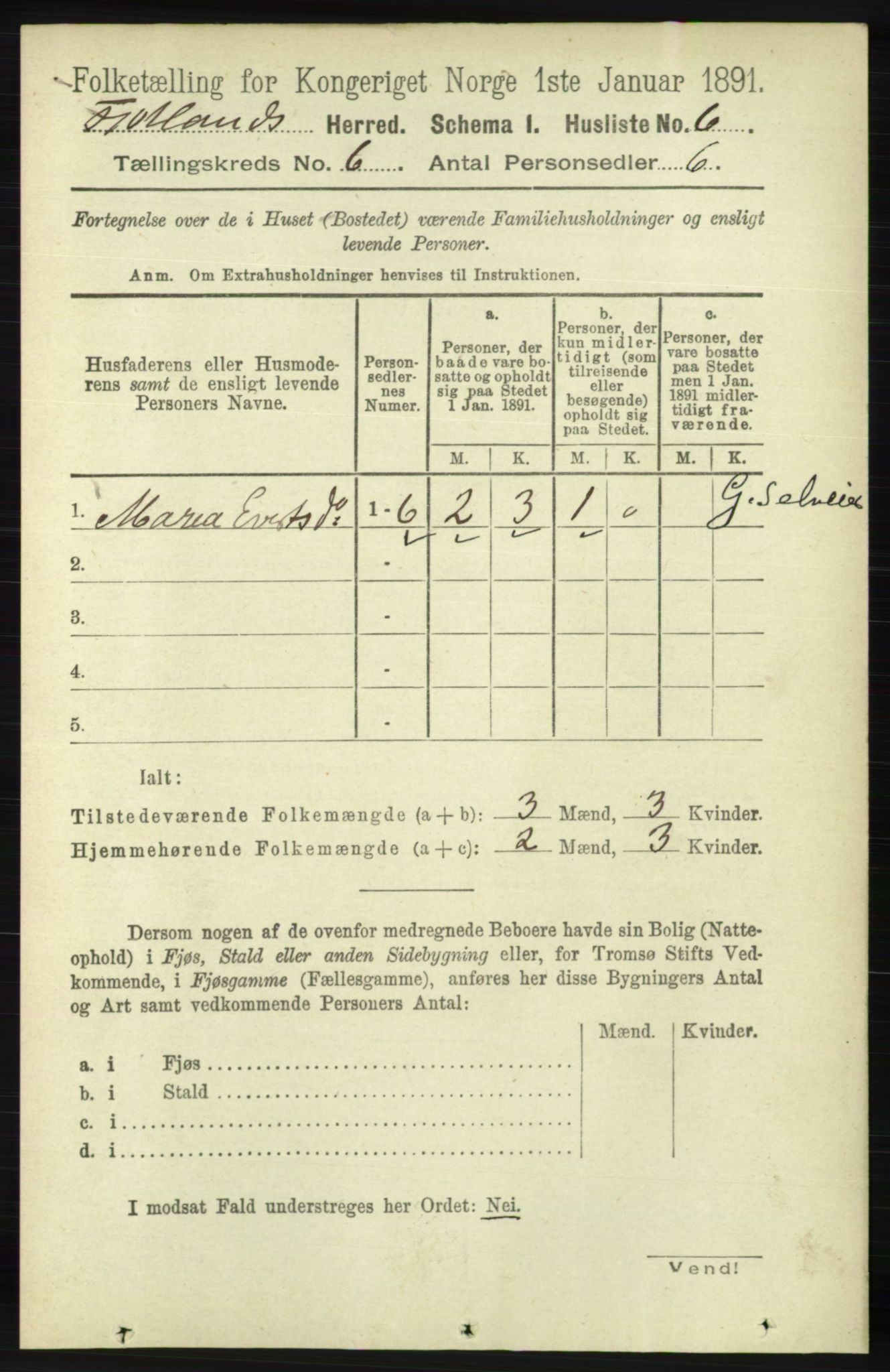 RA, 1891 census for 1036 Fjotland, 1891, p. 842