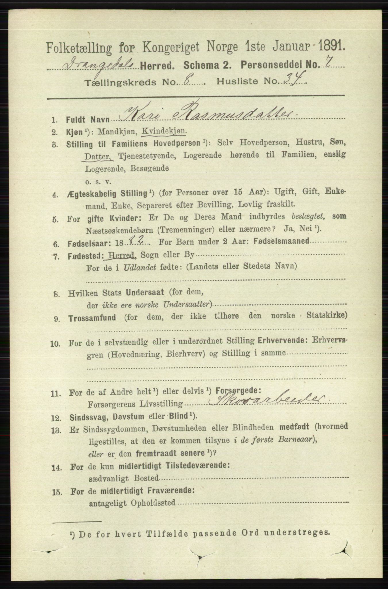 RA, 1891 census for 0817 Drangedal, 1891, p. 2879