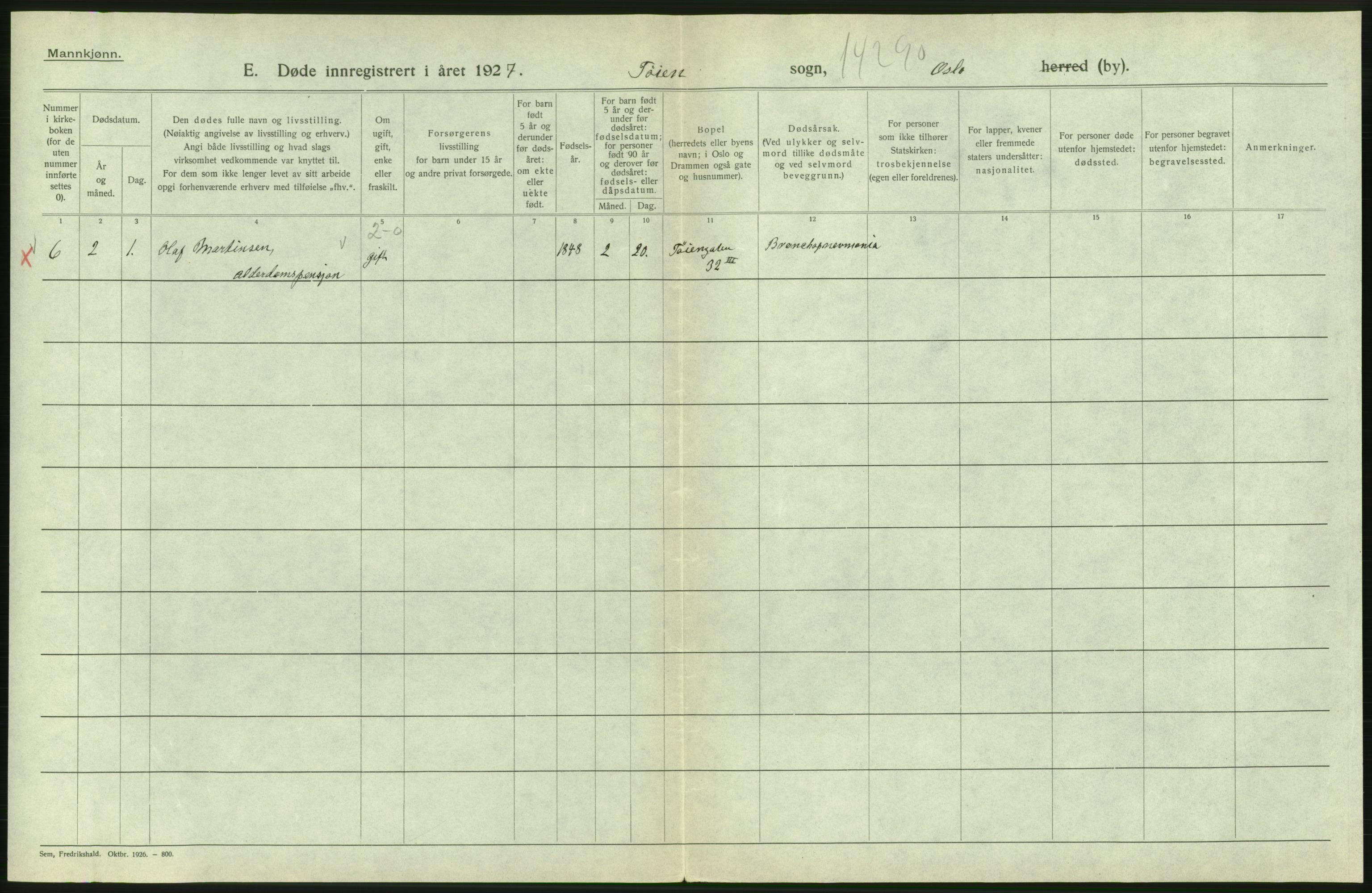 Statistisk sentralbyrå, Sosiodemografiske emner, Befolkning, AV/RA-S-2228/D/Df/Dfc/Dfcg/L0009: Oslo: Døde menn, 1927, p. 598