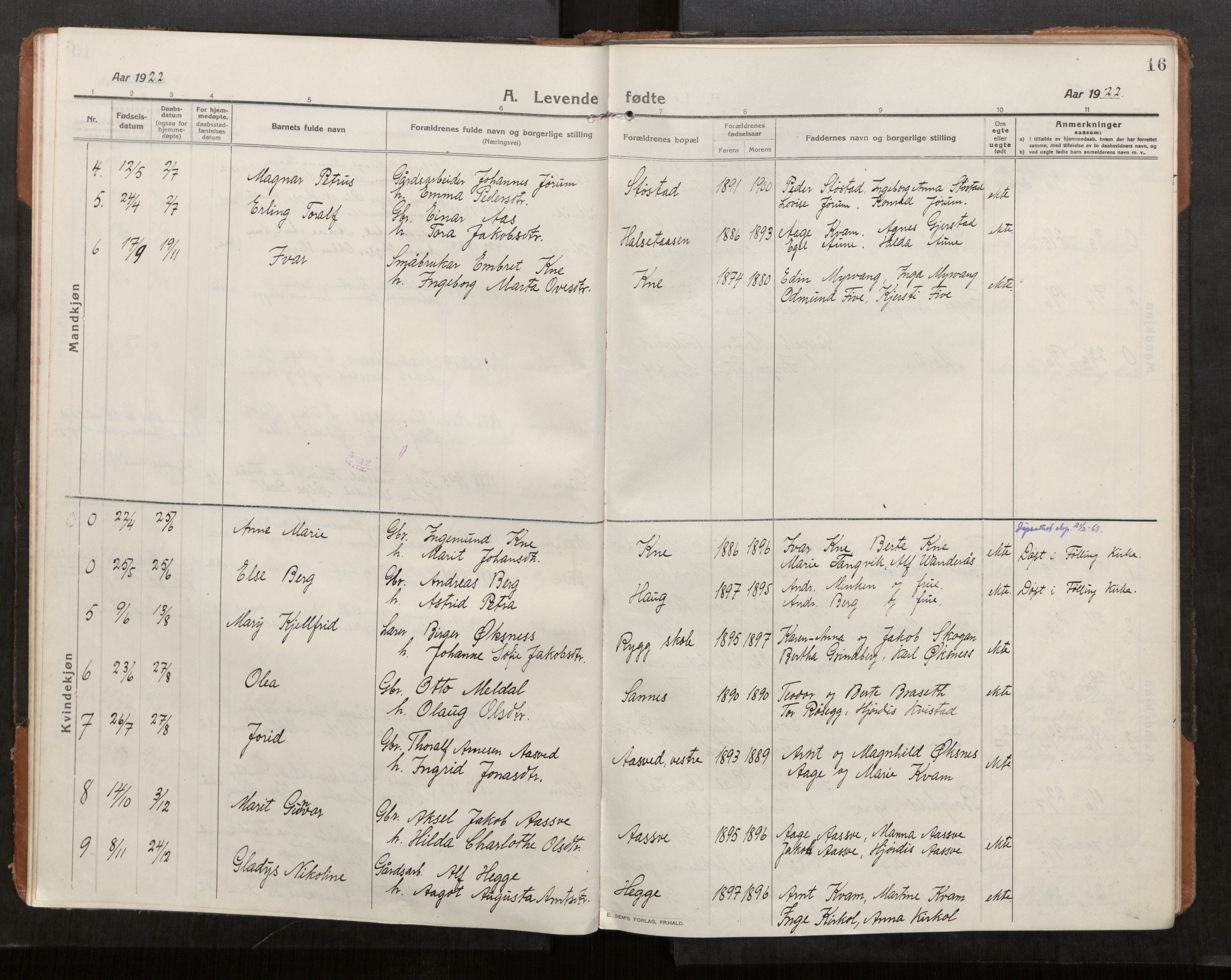 Stod sokneprestkontor, AV/SAT-A-1164/1/I/I1/I1a/L0004: Parish register (official) no. 4, 1913-1933, p. 16