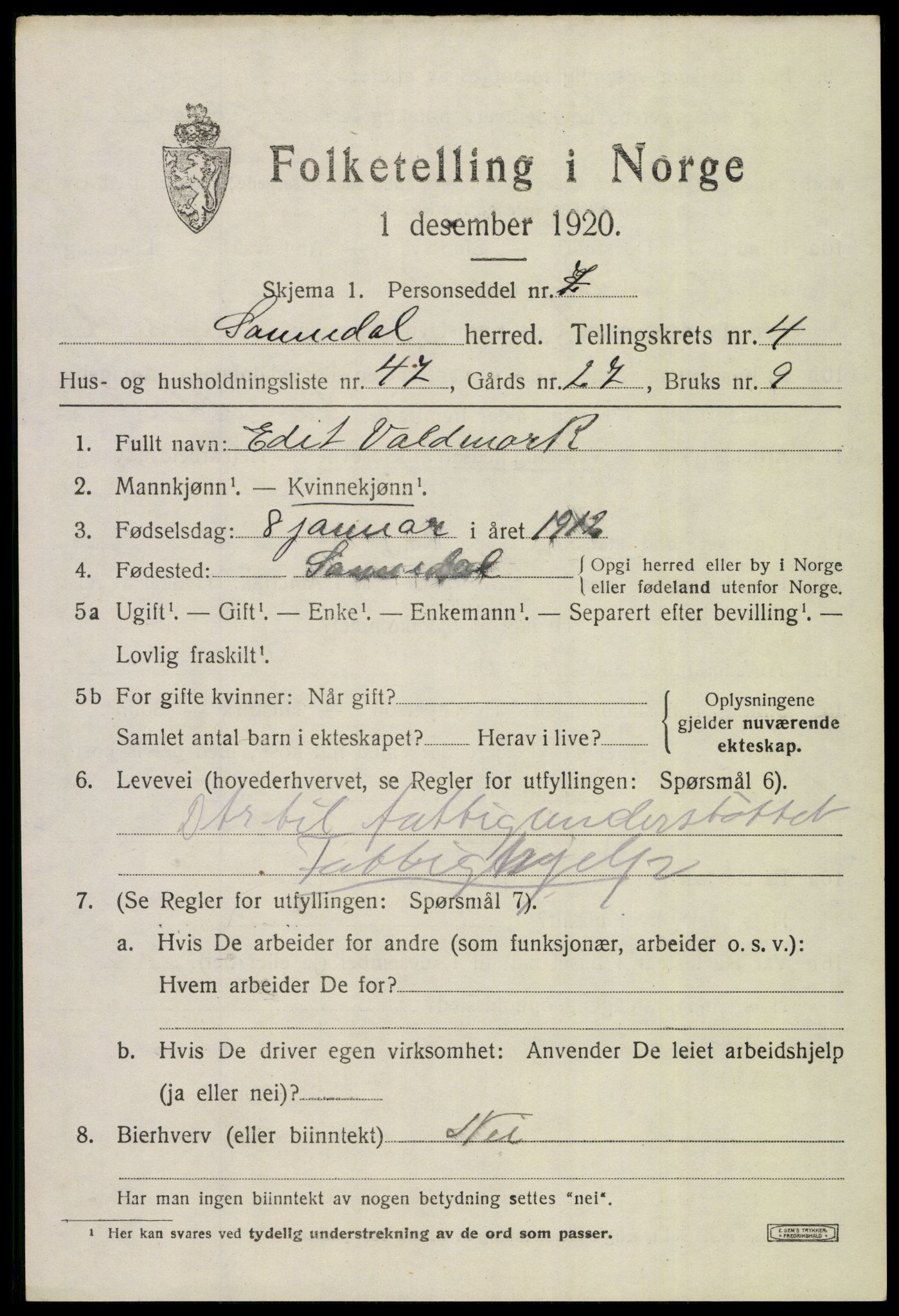 SAKO, 1920 census for Sannidal, 1920, p. 4059