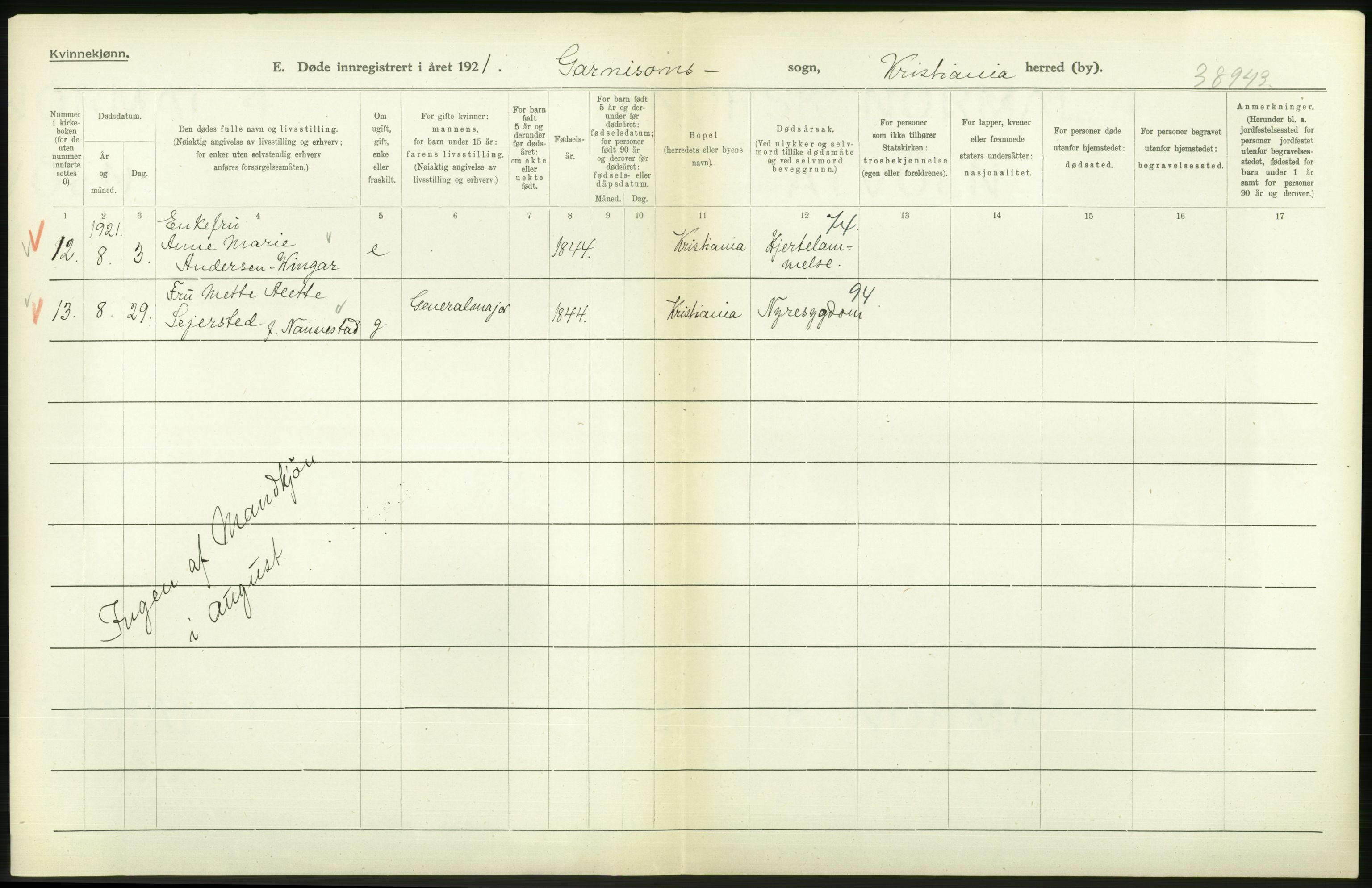 Statistisk sentralbyrå, Sosiodemografiske emner, Befolkning, AV/RA-S-2228/D/Df/Dfc/Dfca/L0013: Kristiania: Døde, dødfødte, 1921, p. 186