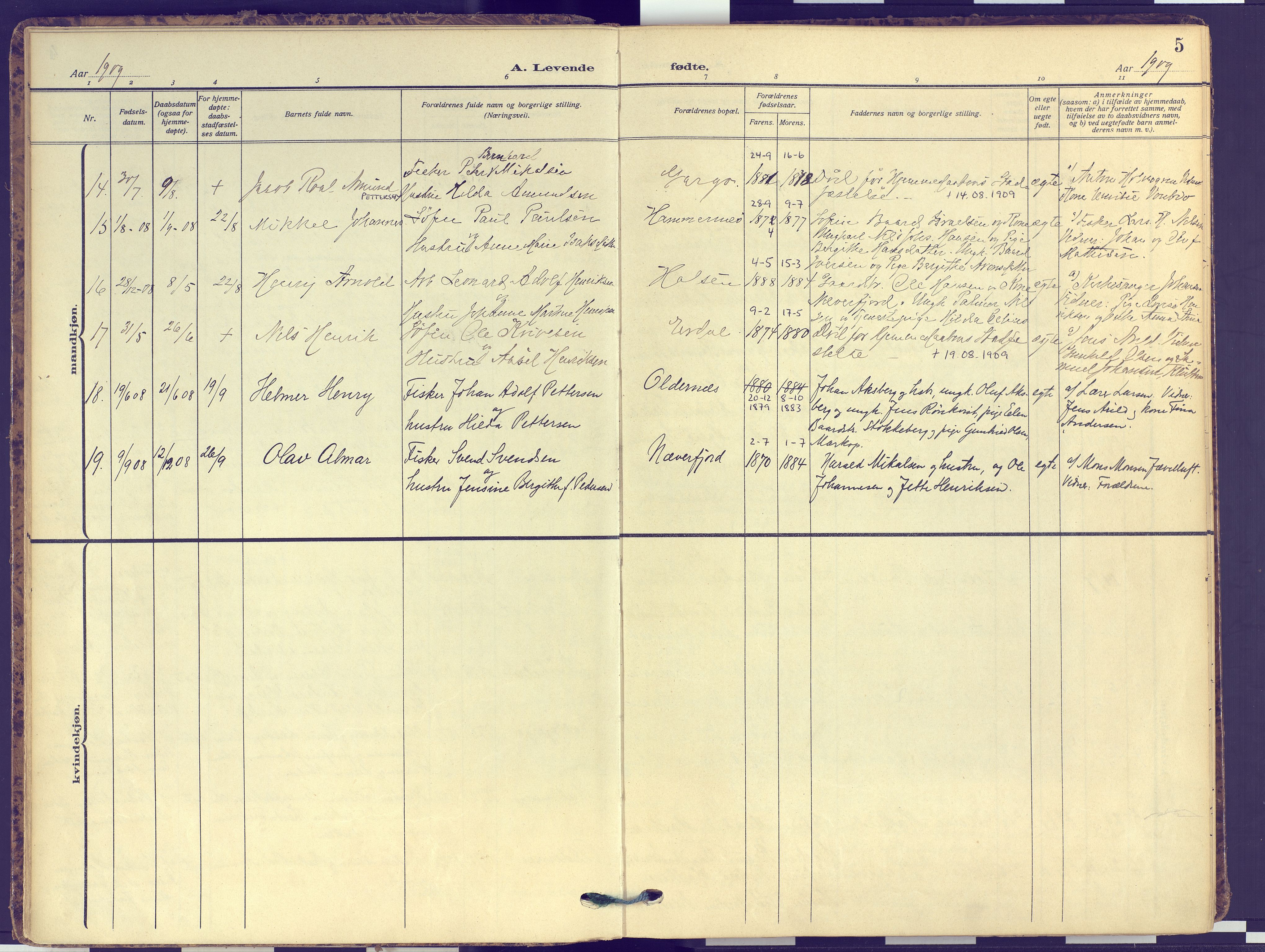 Hammerfest sokneprestkontor, SATØ/S-1347: Parish register (official) no. 16, 1908-1923, p. 5