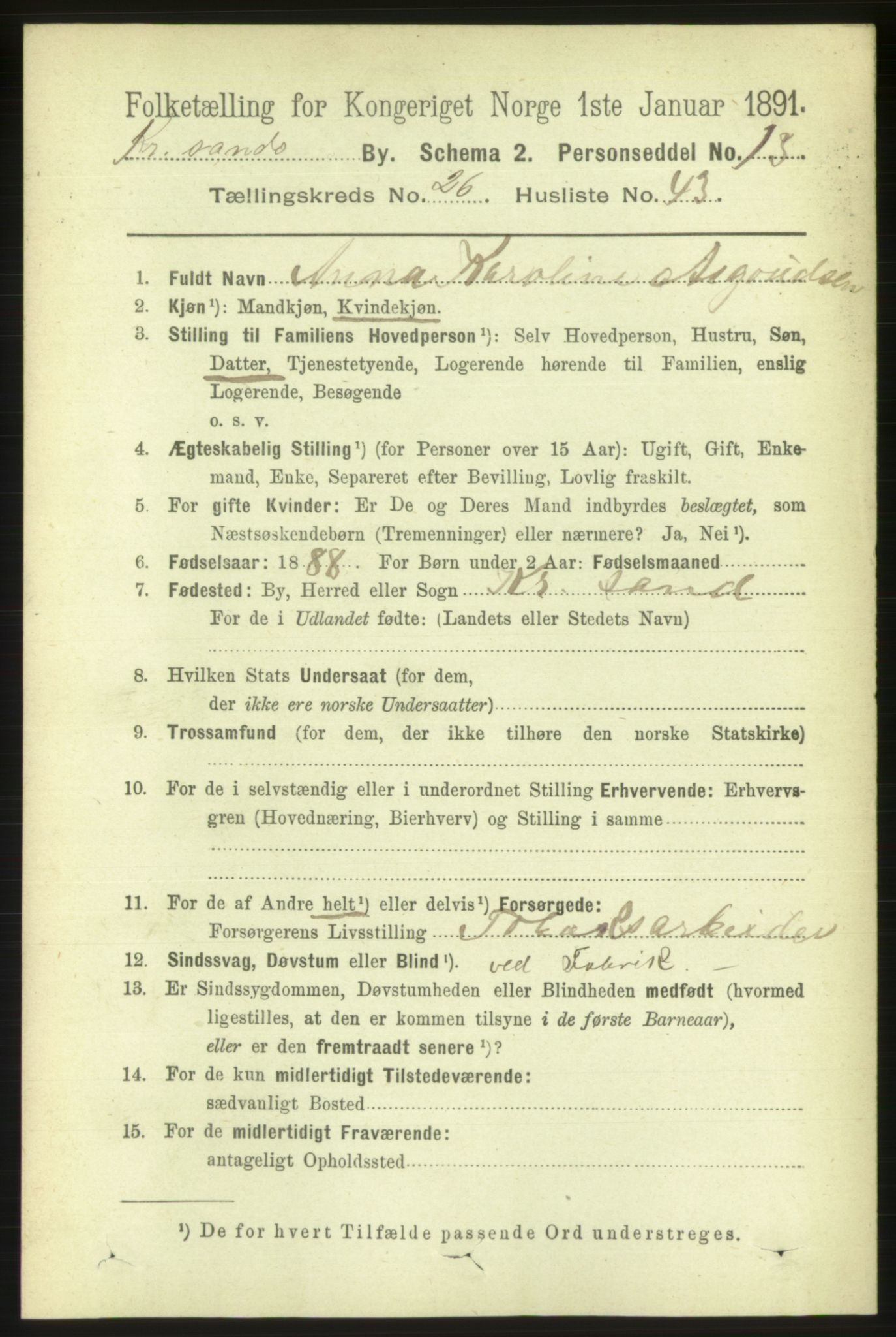 RA, 1891 census for 1001 Kristiansand, 1891, p. 9390