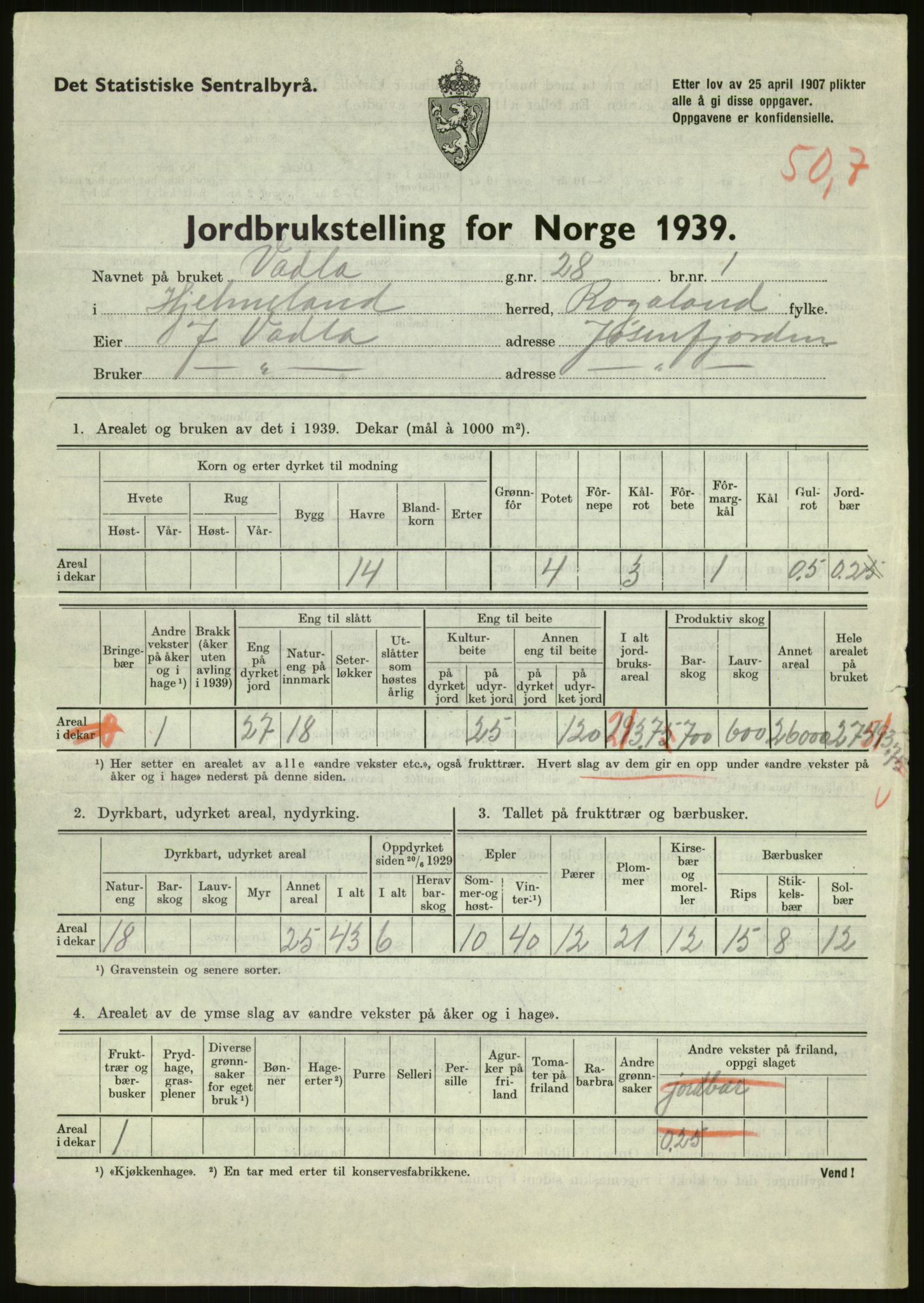 Statistisk sentralbyrå, Næringsøkonomiske emner, Jordbruk, skogbruk, jakt, fiske og fangst, AV/RA-S-2234/G/Gb/L0184: Rogaland: Årdal, Fister og Hjelmeland, 1939, p. 1609