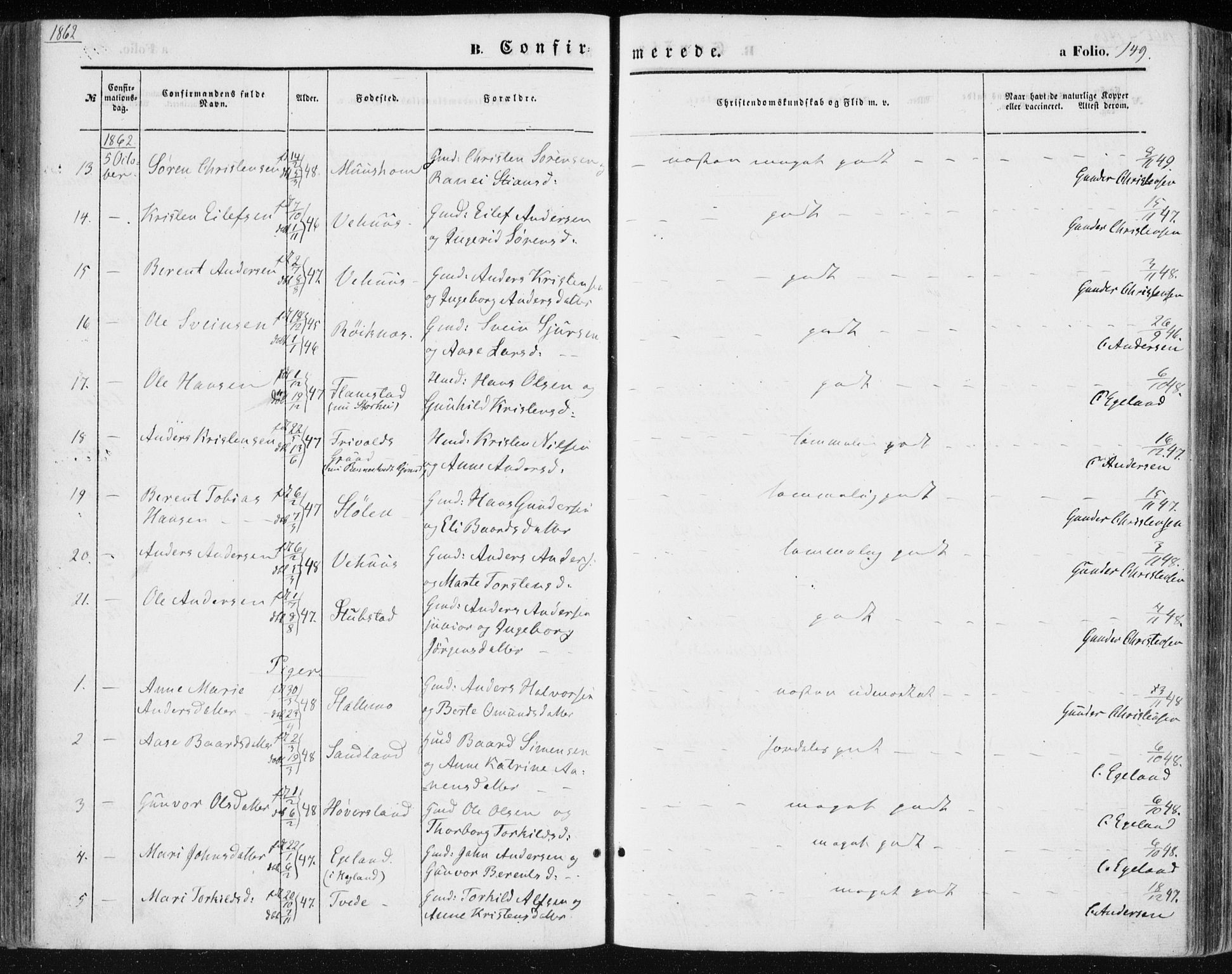 Vennesla sokneprestkontor, SAK/1111-0045/Fa/Fac/L0007: Parish register (official) no. A 7, 1855-1873, p. 149